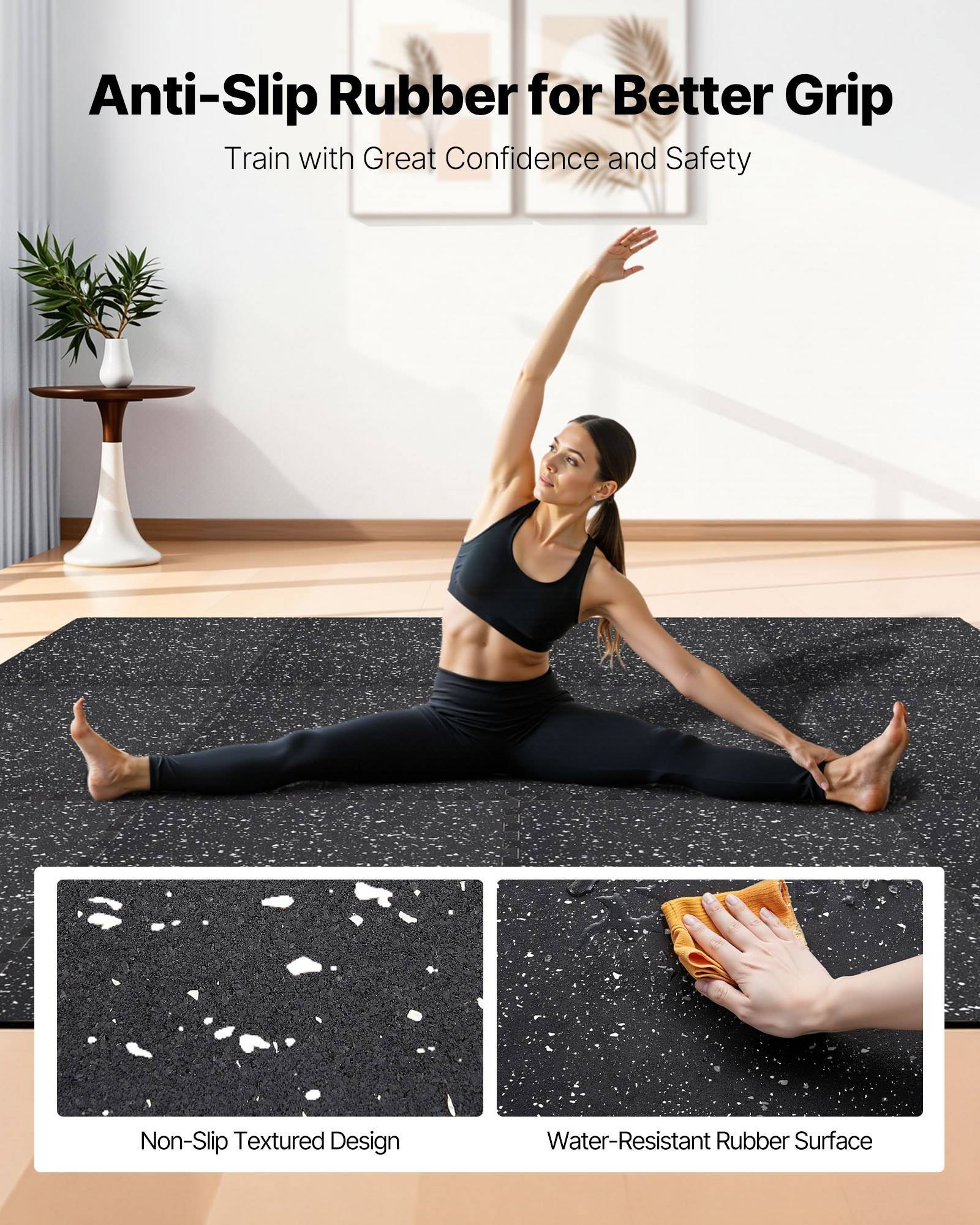 Yogamatte-Anzeige mit rutschfestem Gummigriff; Eine Frau demonstriert eine Dehnung auf der Matte, mit Vergrößerungen, die die rutschfeste Textur und die wasserbeständige Oberfläche zeigen.