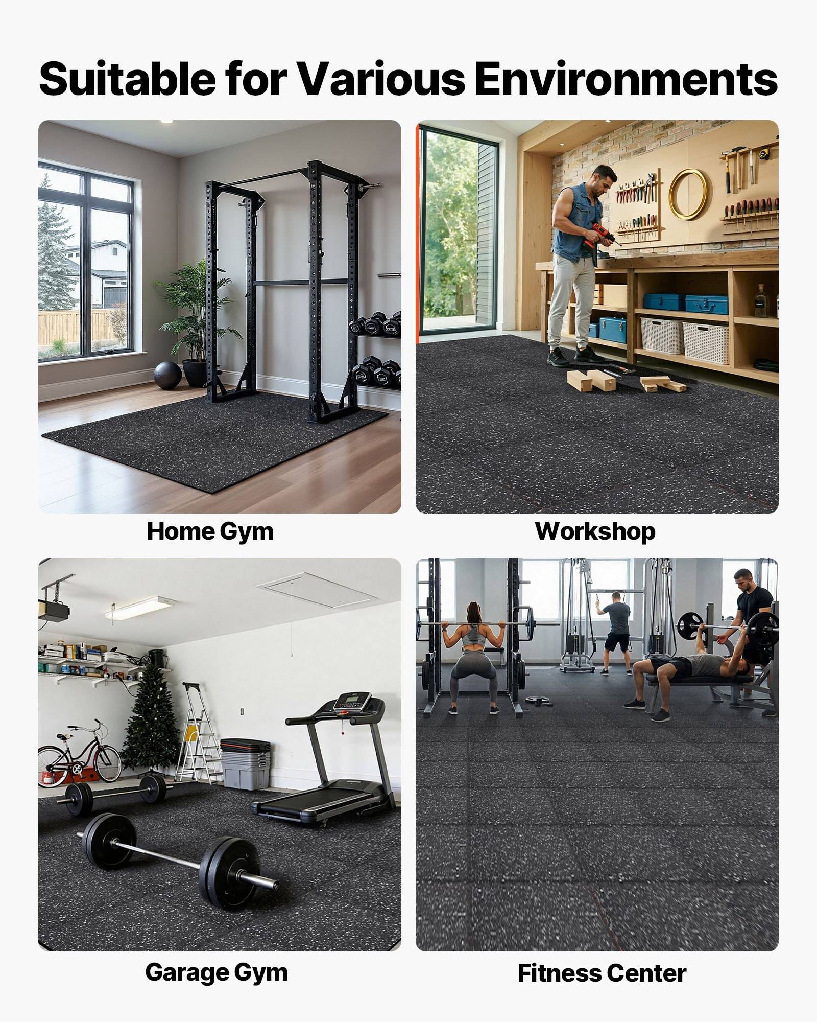 Infografik mit dem Titel „Für verschiedene Umgebungen geeignet" zeigt Gummiböden in einem Homegym, einer Werkstatt, einem Garagengym und einem Fitnesscenter.