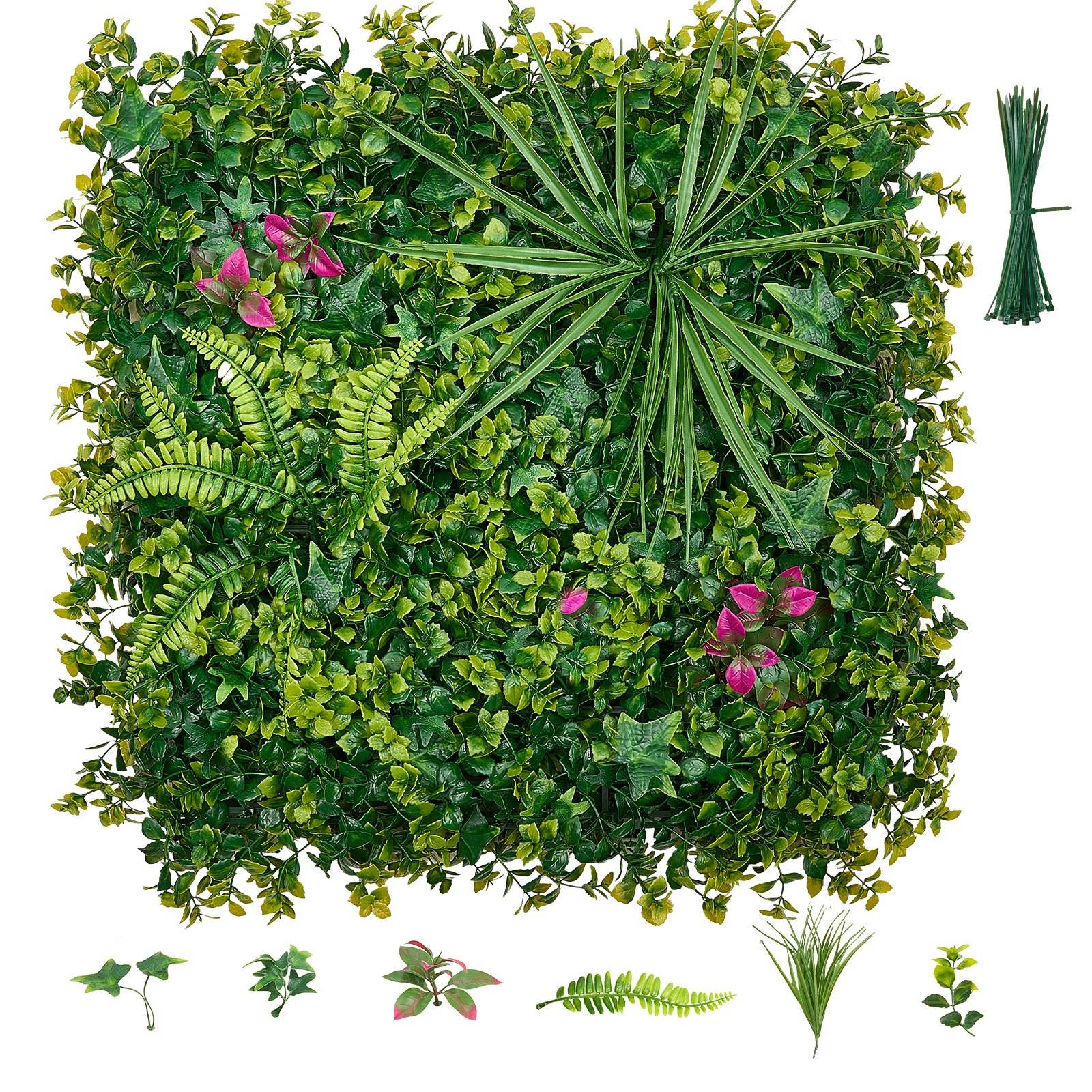 Ein quadratisches künstliches Pflanzenwand-Panel aus dichtem grünem Laub mit einigen rosa Blüten und einem gebündelten Strauß aus Grün daneben, plus kleine Pflanzenmuster entlang des unteren Randes.