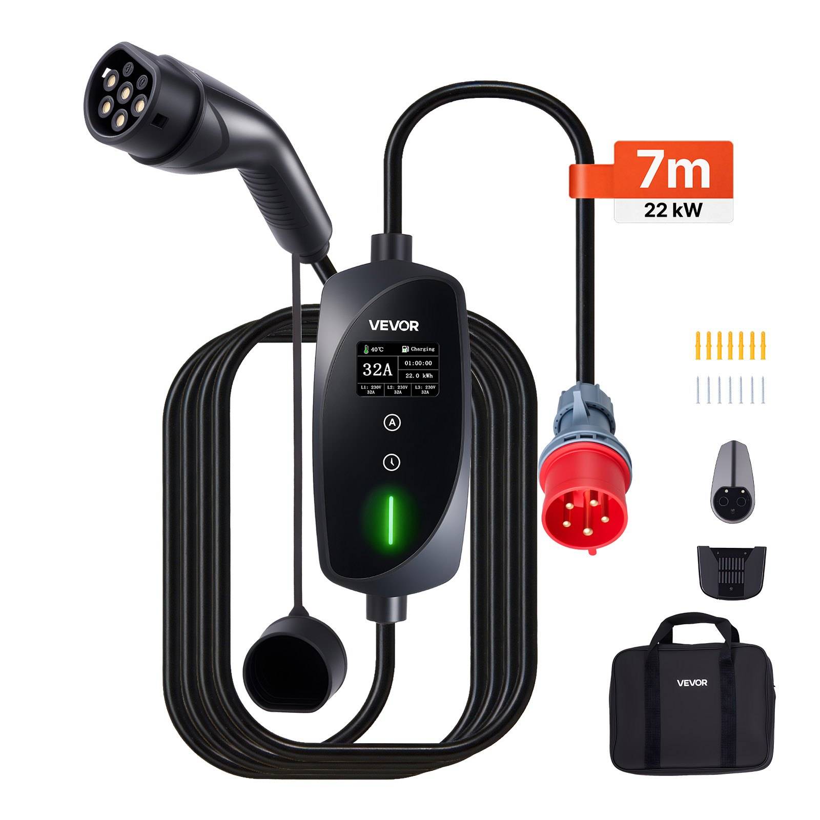 VEVOR 32A EV-Ladekabel mit Stecker, Steuerbox, 7m 22 kW Kabel, Adapter-Aufsätze und Transporttasche.