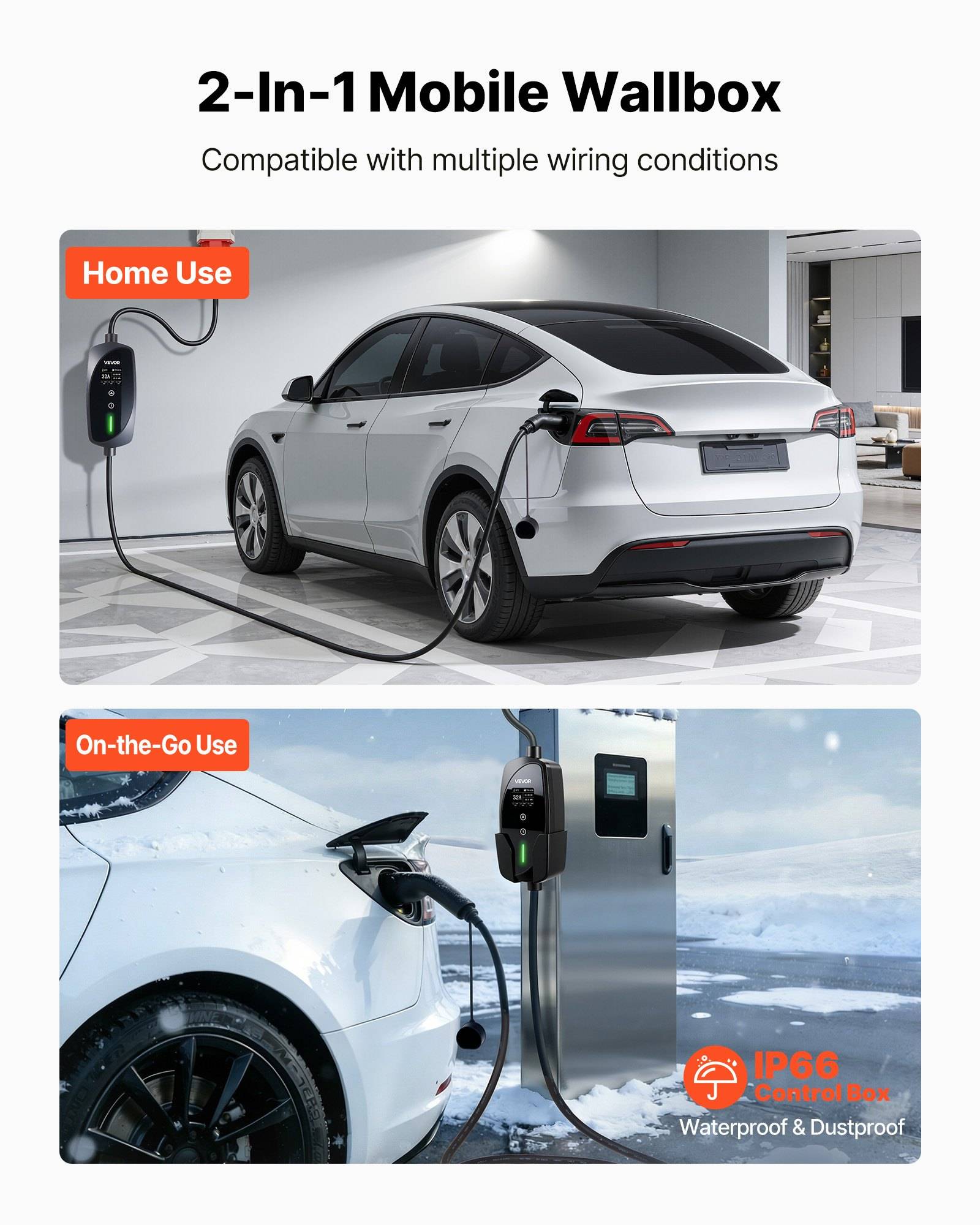 Werbebild für ein 2-in-1-Mobil-Wallbox-Elektrofahrzeug-Ladegerät, das die Heimnutzung und die mobile Nutzung zeigt, mit einem Auto, das drinnen und draußen unter nassen Bedingungen lädt.