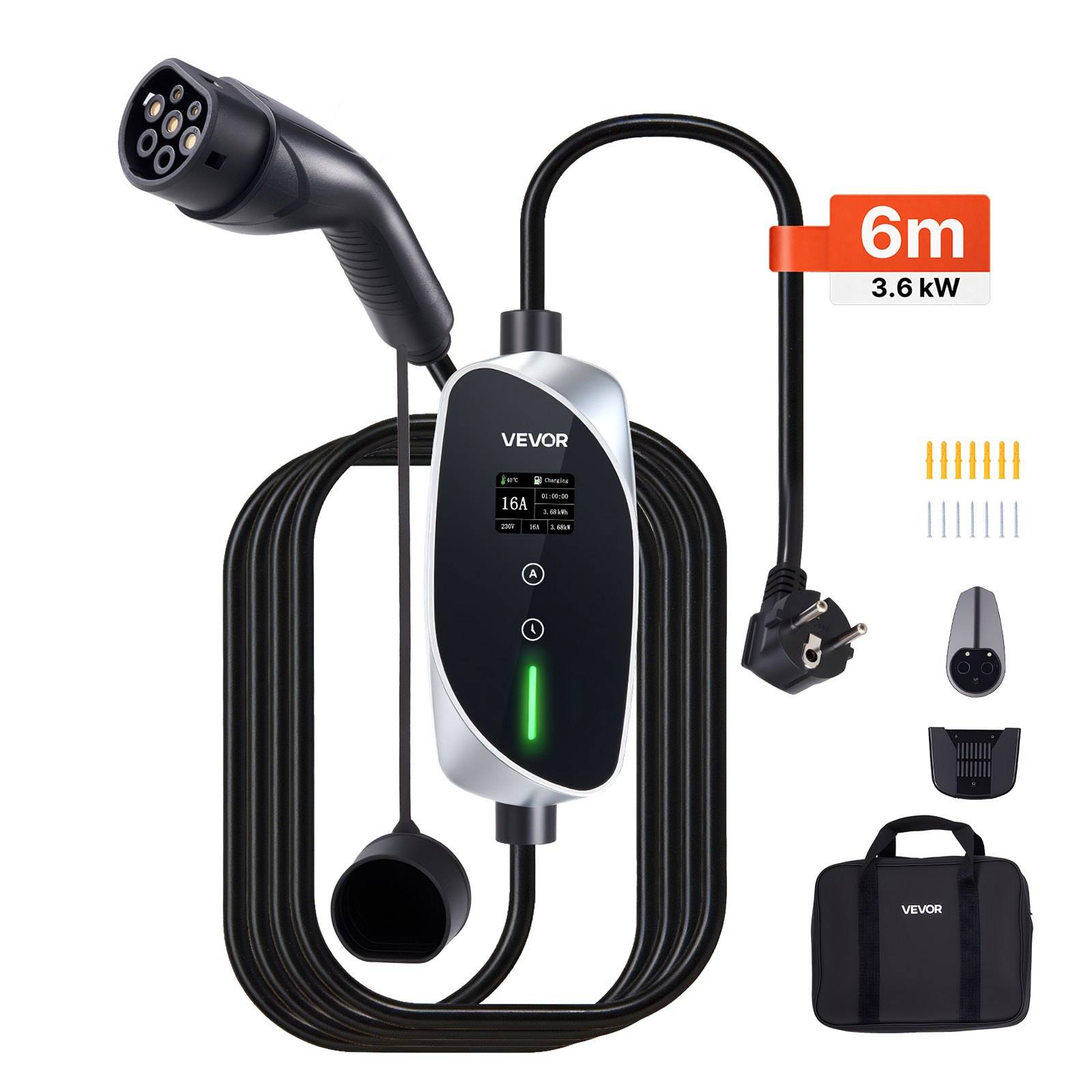 VEVOR tragbares EV-Ladegerät mit Stecker, 6 m Kabel, 3,6 kW Leistung, inklusive Adapter-Spitzen und Transporttasche auf weißem Hintergrund