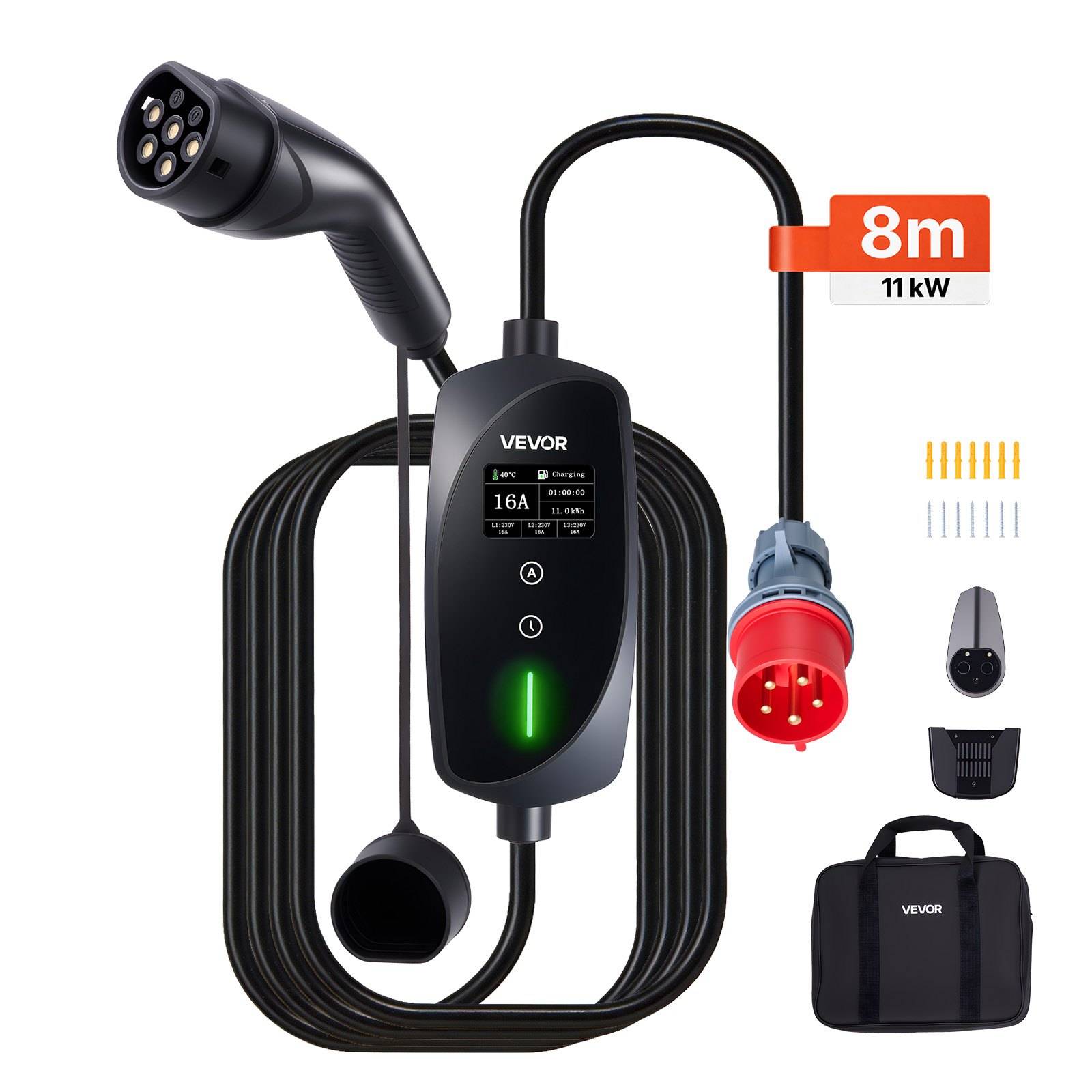 VEVOR tragbares EV-Ladekabel mit Steuerbox, Typ-2-Stecker, roter Stromstecker, 8 m Länge, 11 kW und Transporttasche.