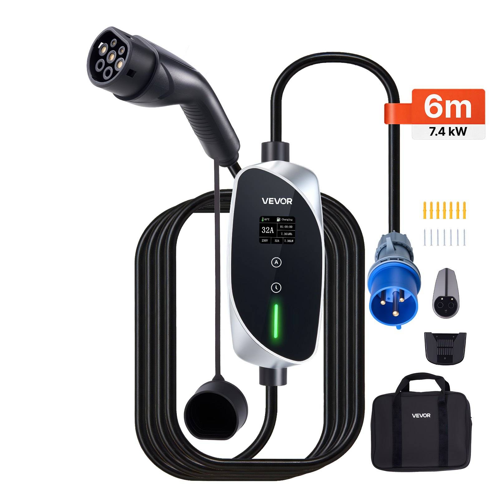 Tragbares VEVOR-Elektrofahrzeugladegerät mit Steuerbox, 6m Kabel, blauem Stecker, Adapteraufsätzen und Transporttasche auf weißem Hintergrund dargestellt.