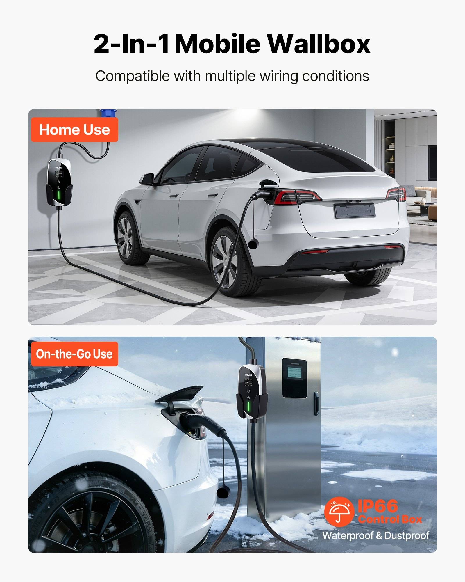 Werbegrafik für ein 2-in-1-Mobil-Wallbox-EV-Ladegerät, das Laden zu Hause und unterwegs zeigt, mit IP66-Wasser- und Staubschutzklassifizierung.