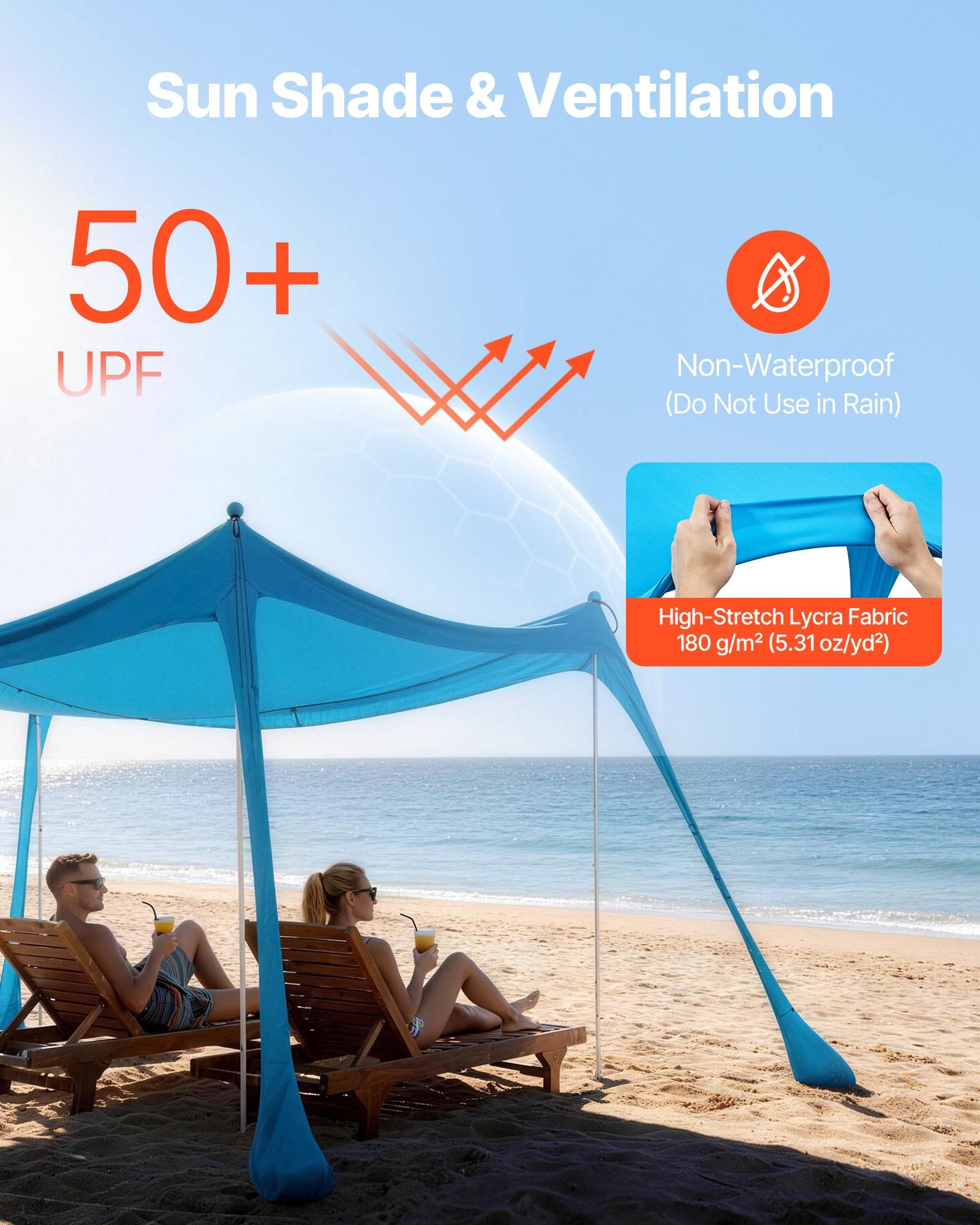 Werbung für Strandpavillon zeigt 'Sonnenschutz & Belüftung', 50+ UPF, nicht wasserdicht, aus hochelastischem Lycra-Gewebe; zwei Personen entspannen im Schatten.