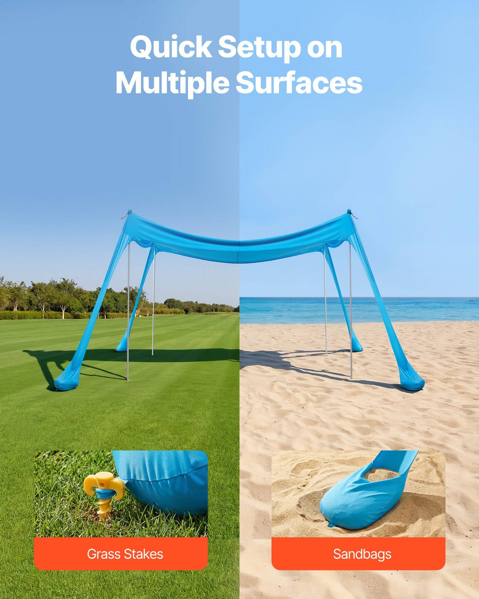 Werbegrafik mit einem blauen Sonnenschirm auf Gras und Sand aufgestellt, mit den Beschriftungen "Erdspieße"" und ""Sandsäcke"" sowie der Überschrift ""Schnelle Montage auf verschiedenen Unterlageflächen"".