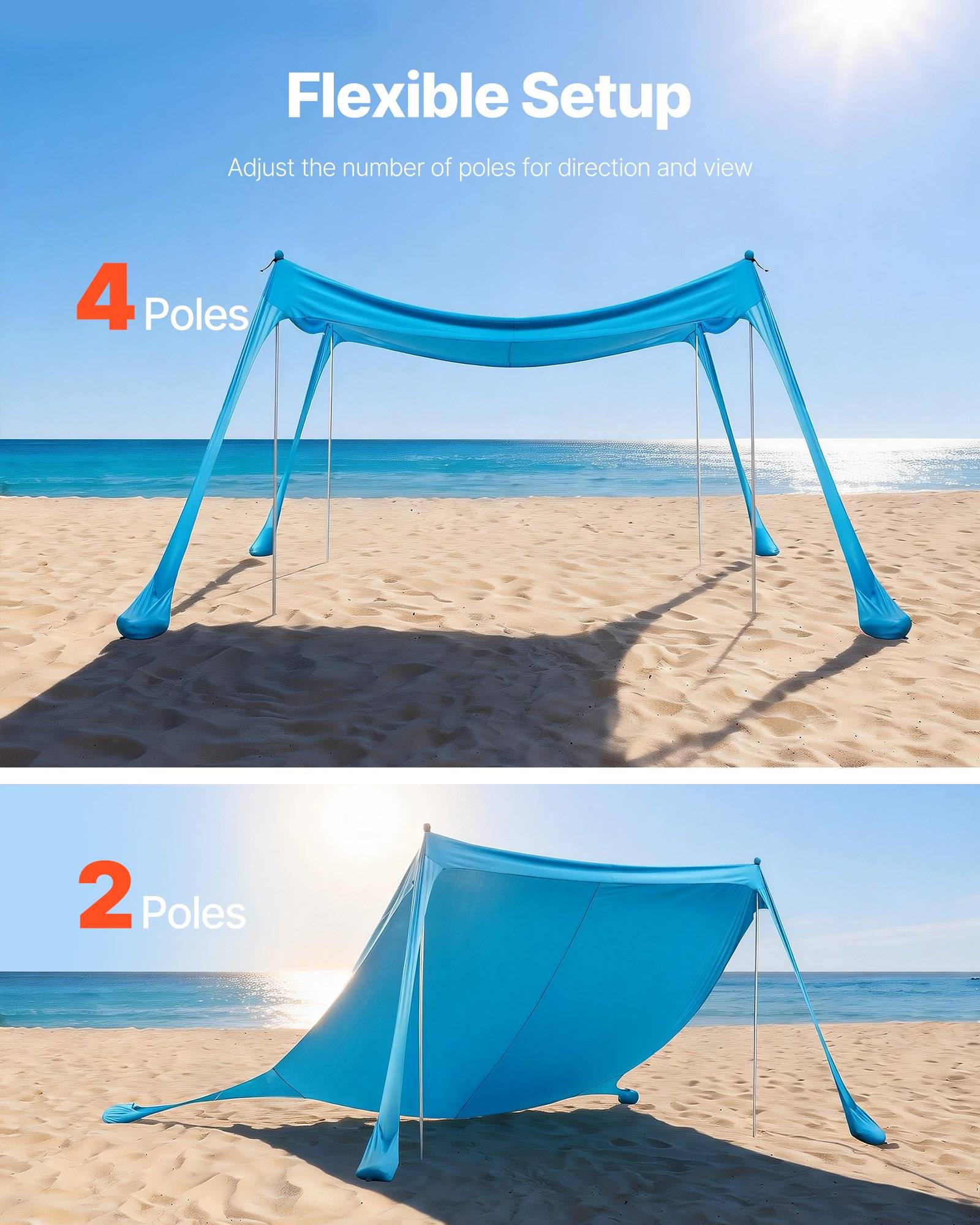 Strandmuschel in zwei Konfigurationen gezeigt: '4 Pole' für offenen Sonnenschutz und '2 Pole' für einen niedrigeren, geschlossenen Schutz unter sonnigen Himmel.