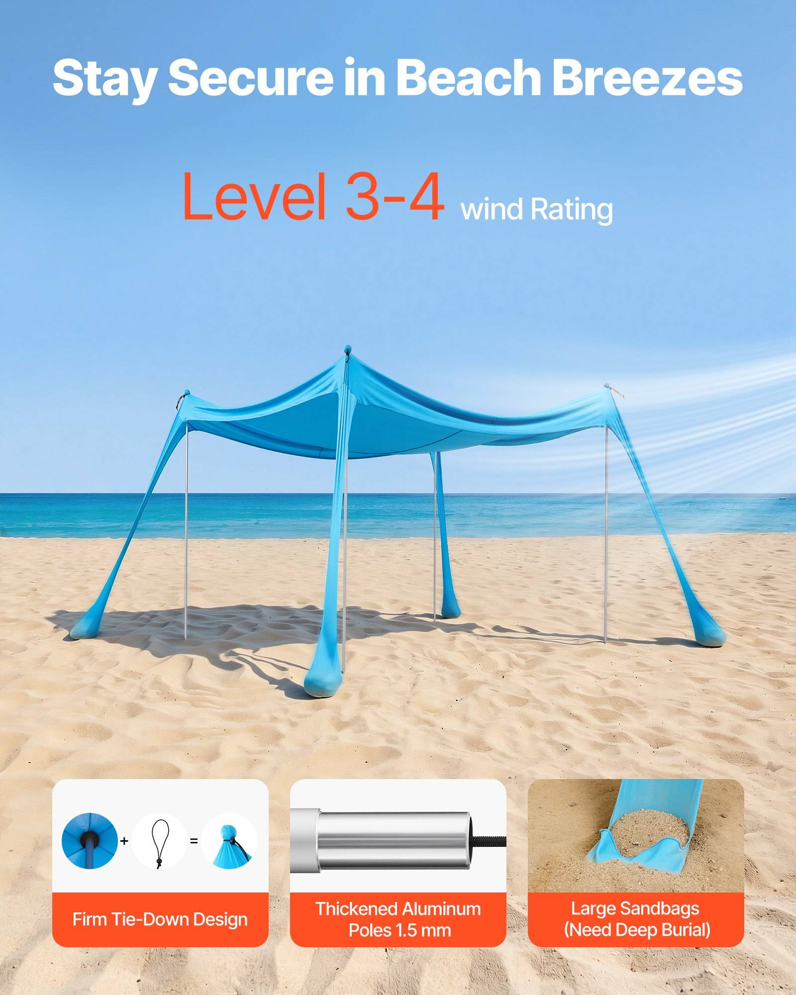 Strandmuschel im Sand mit dem Text „Bleiben Sie im Strandwind sicher" und „Windbeständigkeit Stufe 3-4""; untere Symbole heben robustes Befestigungsdesign, verstärkte Aluminiumpfosten und große Sandsäcke hervor.