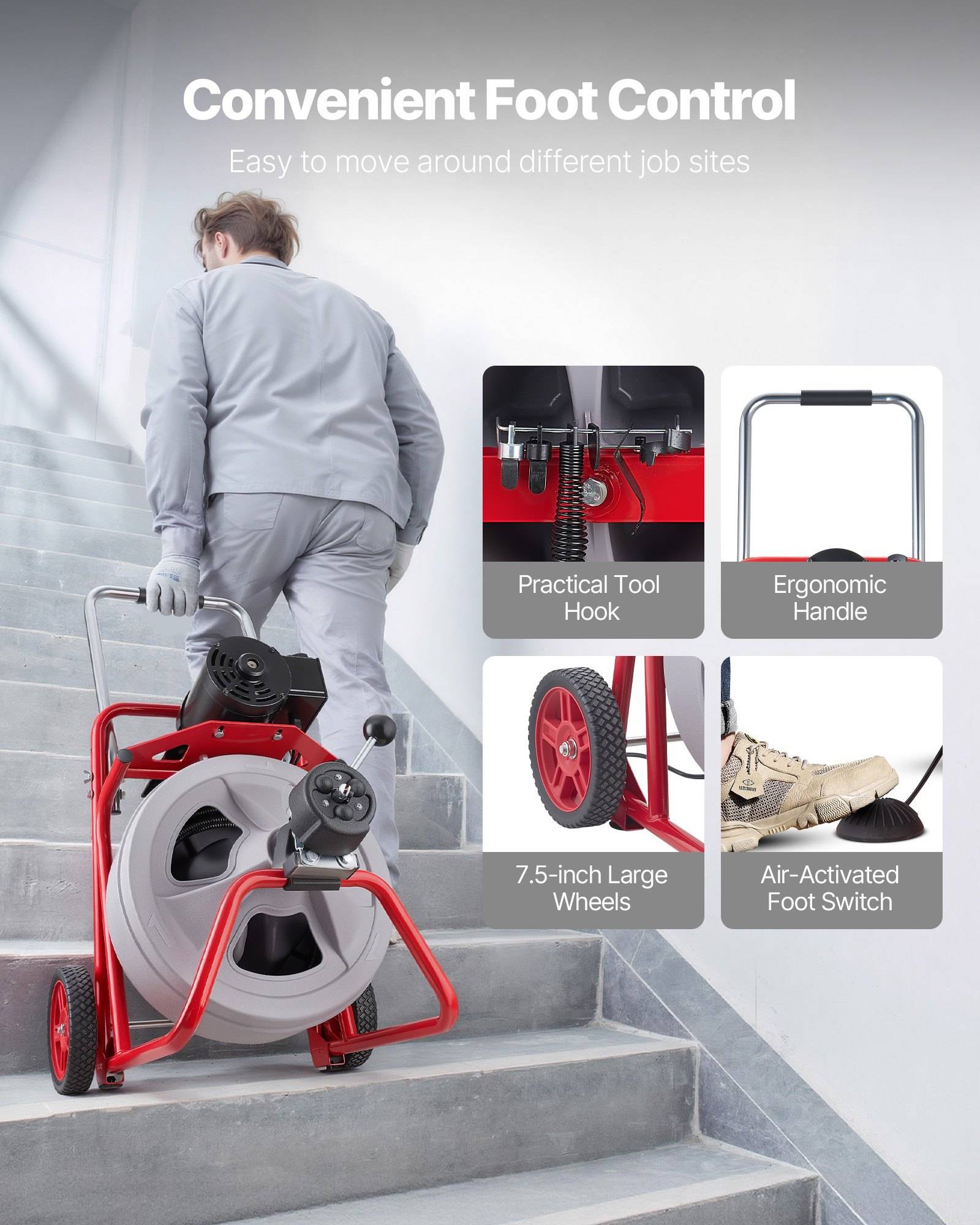 Werbebild eines Arbeiters, der einen roten Schlauchrollenkarren eine Treppe hinauf bewegt, mit den Beschriftungen "Bequeme Fußsteuerung"" und ""Einfach zu transportieren zwischen verschiedenen Baustellen"", mit Funktionsangaben für Werkzeughaken, ergonomischer Griff, große Räder und luftgesteuerte Fußschalter.