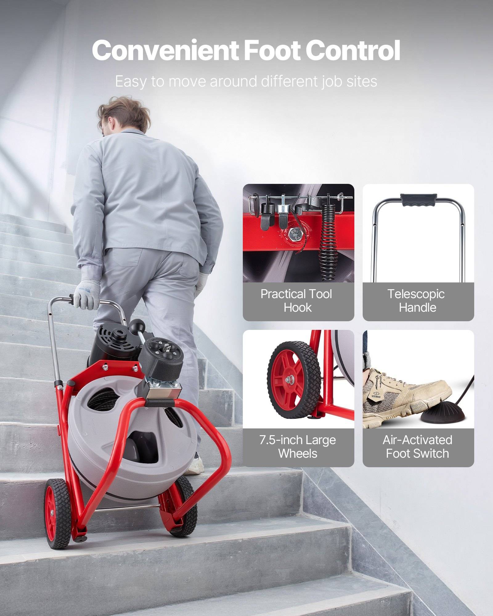 Person mit einer roten Maschine mit Rädern auf Treppen, die „Bequeme Fußsteuerung" illustriert, mit folgenden Funktionen: Werkzeughaken, Teleskopgriff, große Räder und luftaktivierter Fußschalter.