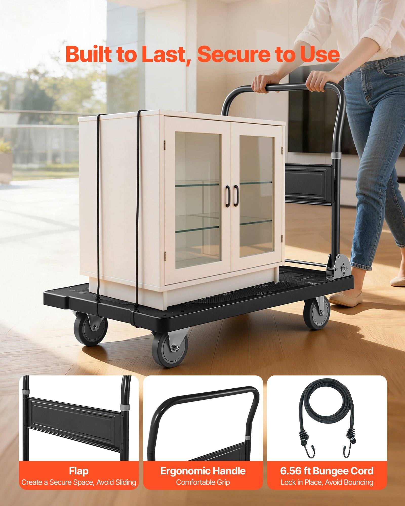 Wagen mit auf einem Rollwagen gesichertem Schrank; Text lautet „Langlebig konstruiert, sicher zu verwenden" und hebt Klappe, ergonomischen Griff und 6,56 m langes Spannseil hervor.