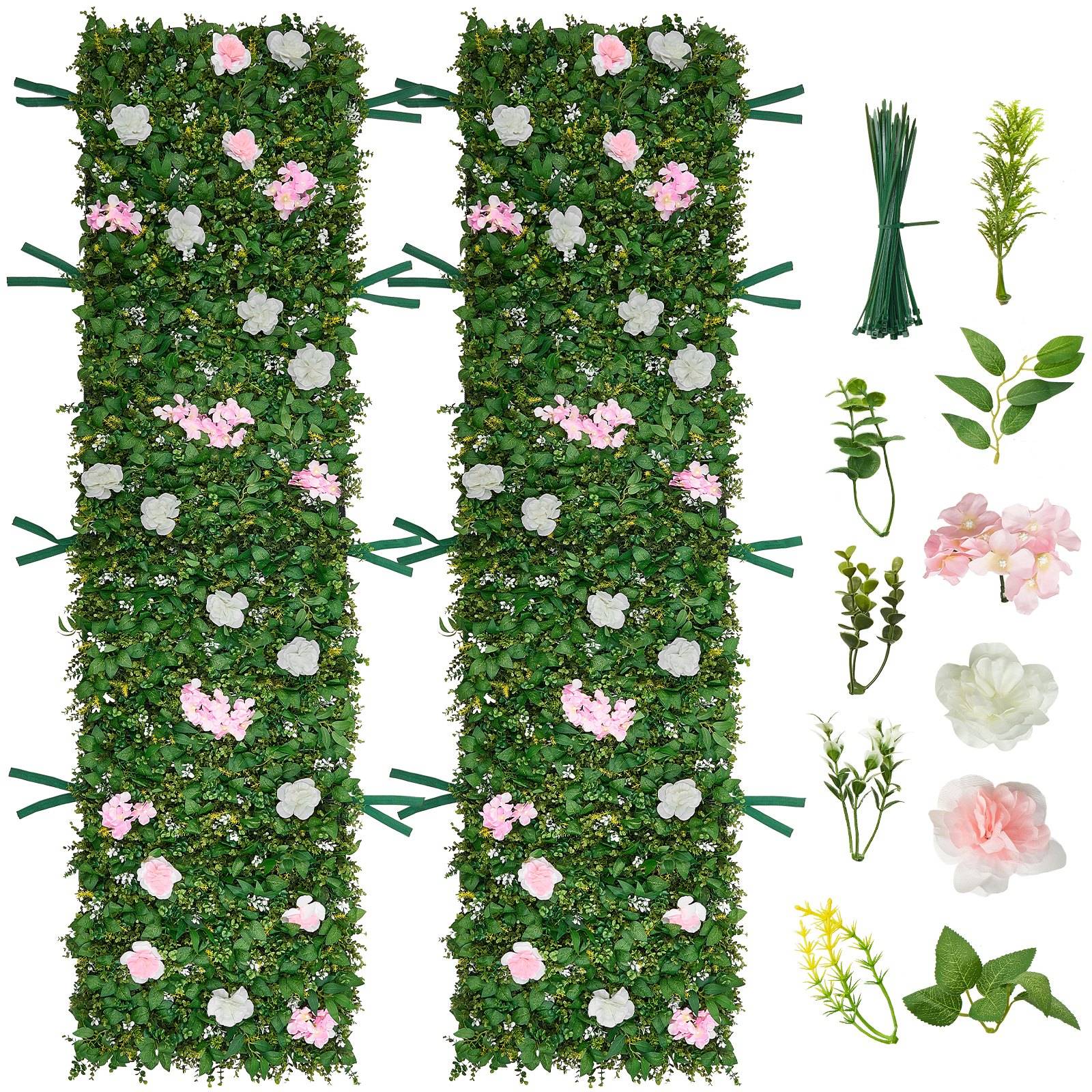 Zwei grüne Blumen-Wandpaneele mit rosa und weißen Blüten, dargestellt mit separaten künstlichen Grünpflanzen und Blüten auf der rechten Seite.