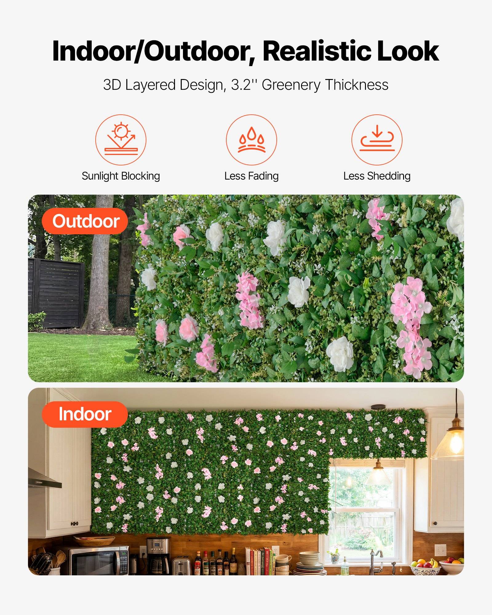 # Promotional-Grafik für künstliche Grünwandpaneele in Innen- und Außenbereichen mit rosa und weißen Blüten, die "Sonnenlichtblockierung"", ""weniger Ausbleichen"" und ""weniger Shedding"" hervorhebt.