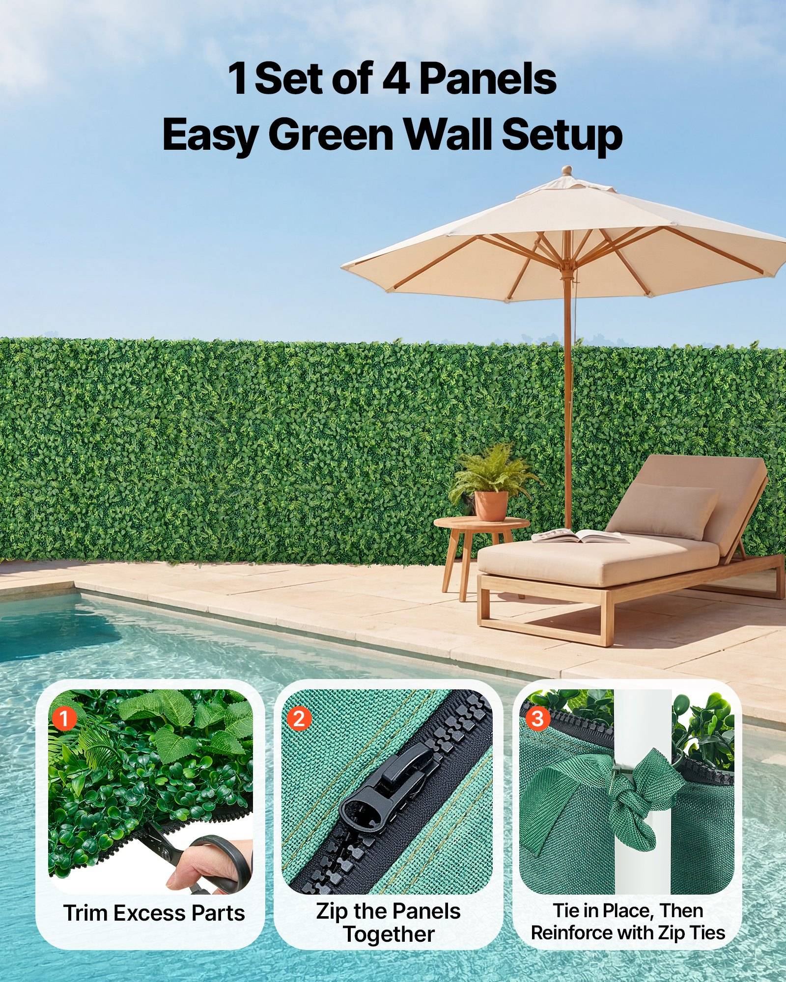 Werbebild für "1er Set mit 4 Paneelen Einfache Grüne Wand Setup"" mit einer Poolseite-Terrasse mit einer heckenähnlichen grünen Wand und drei Aufbauschritte: überschüssige Teile abschneiden, Paneele mit Reißverschluss zusammenfügen, dann mit Kabelbindern binden und verstärken.