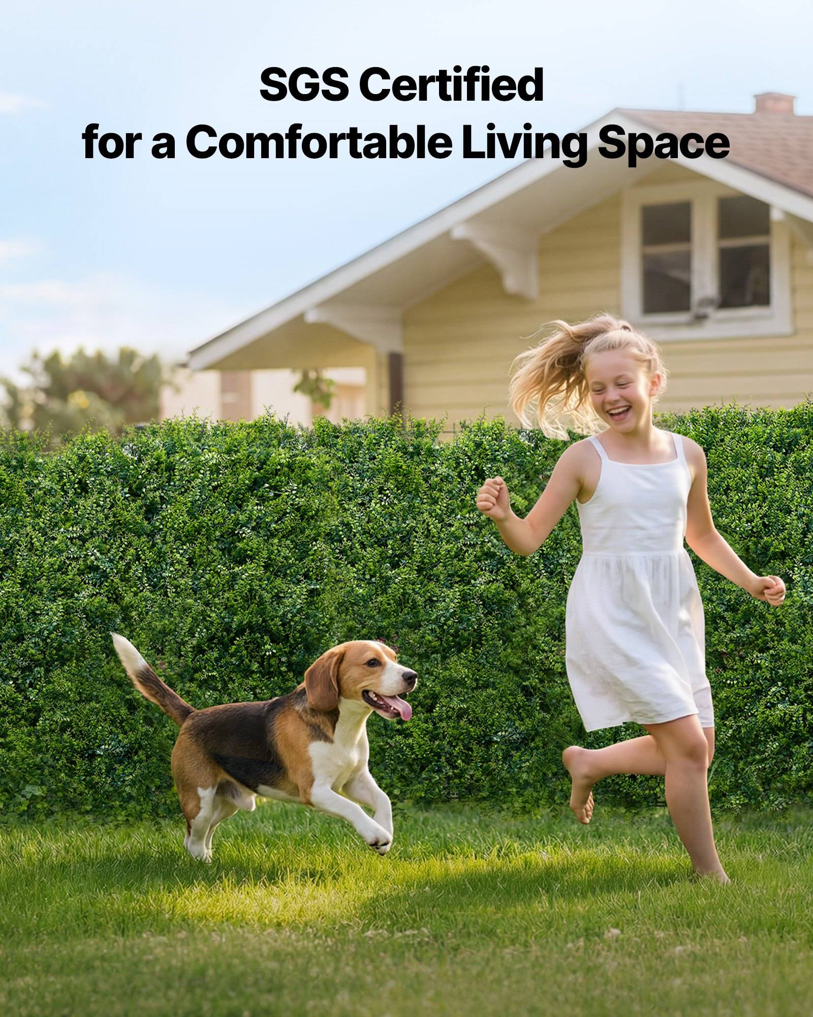Mädchen und Beagle, die auf einem sonnigen Rasen vor einem Haus laufen und spielen, mit Text, der lautet „SGS-zertifiziert für einen komfortablen Wohnraum".