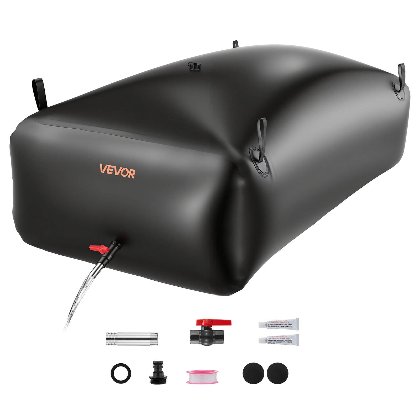 Schwarze VEVOR aufblasbare Tankrucksack mit Griffen und Ventil, gezeigt mit enthaltenem Pumpe, Adaptern, O-Ring und Reparaturflicken.