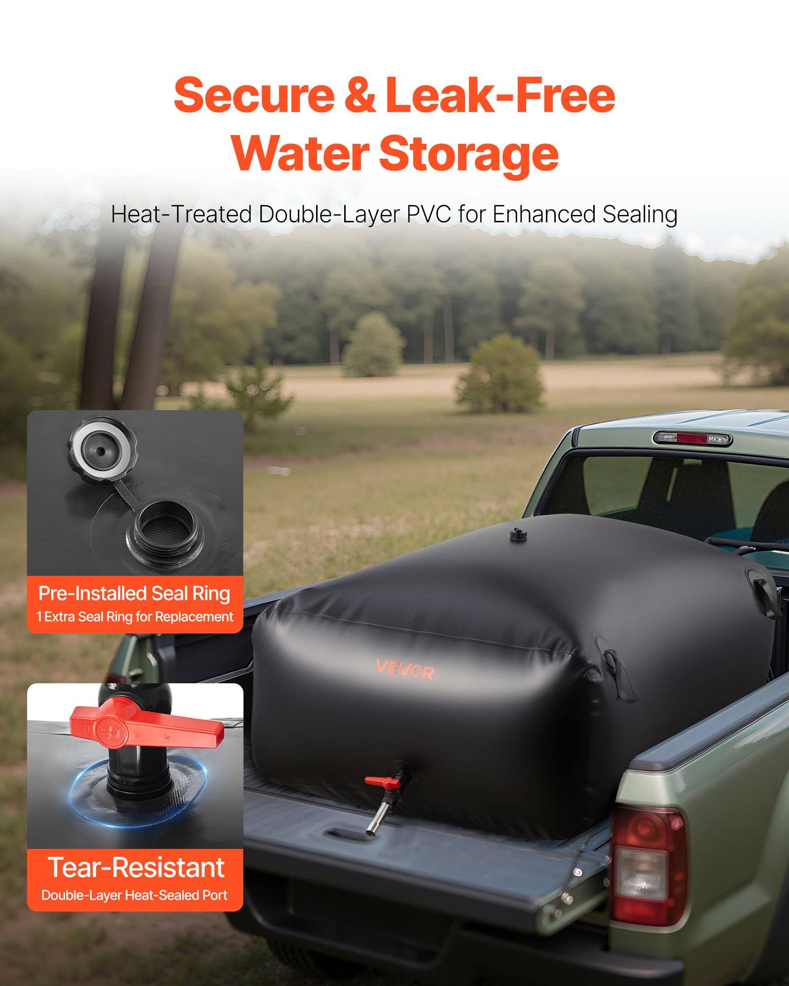 Tankdeckel für Pickup-Truck-Ladefläche mit Wassertank mit Text „Sichere und auslaufsichere Wasserspeicherung" und Merkmalsbeschriftungen für vorinstalliertes Dichtringsystem und reißfestes doppellagiges PVC.