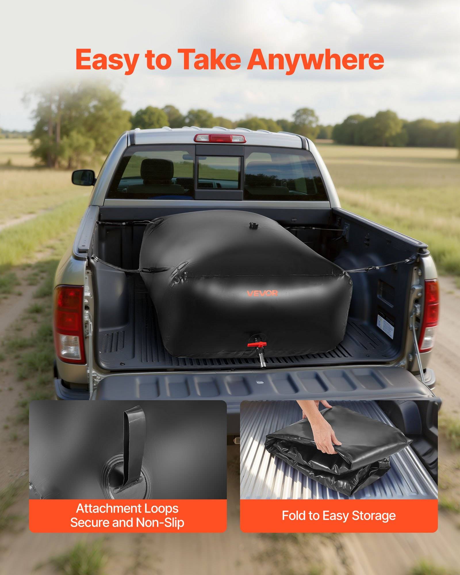 Pickup-Laster mit einer schwarzen tragbaren Ladeflächen-Abdeckung, beschriftet mit „Easy to Take Anywhere"; Detailbilder zeigen Befestigungsschlaufen für rutschsichere Sicherung und Faltbarkeit für einfache Lagerung.