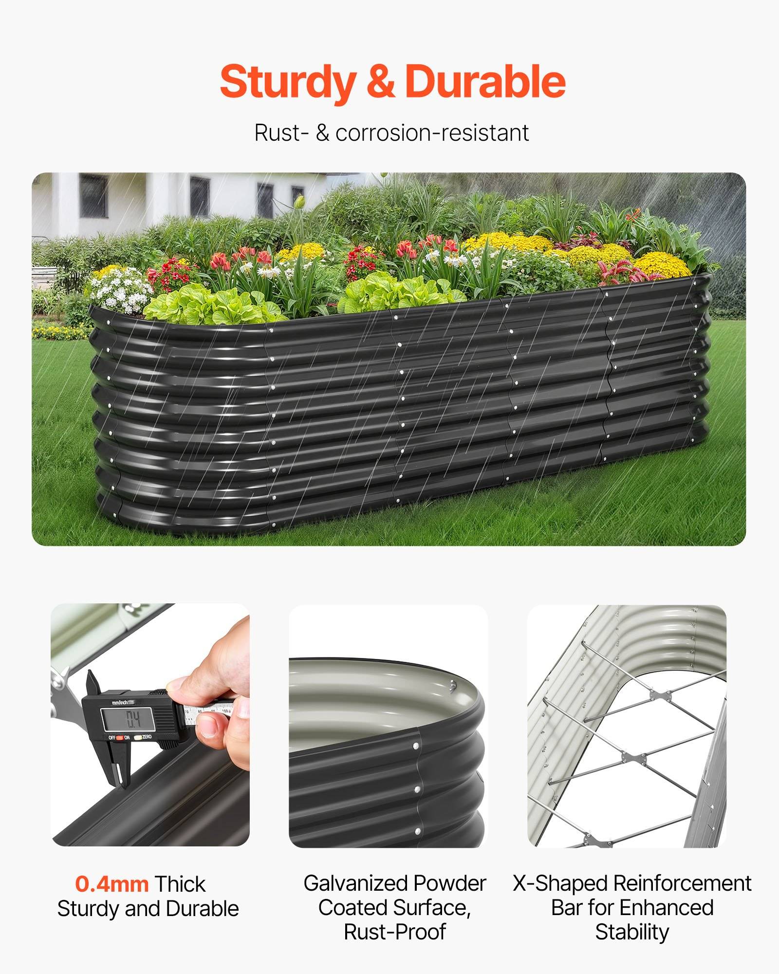 Werbefoto eines erhöhten Hochbeetes mit Blumen, das die robuste und langlebige, rostbeständige Konstruktion, eine 0,4 mm dicke verzinkte Beschichtung und X-förmige Verstärkung für Stabilität hervorhebt.