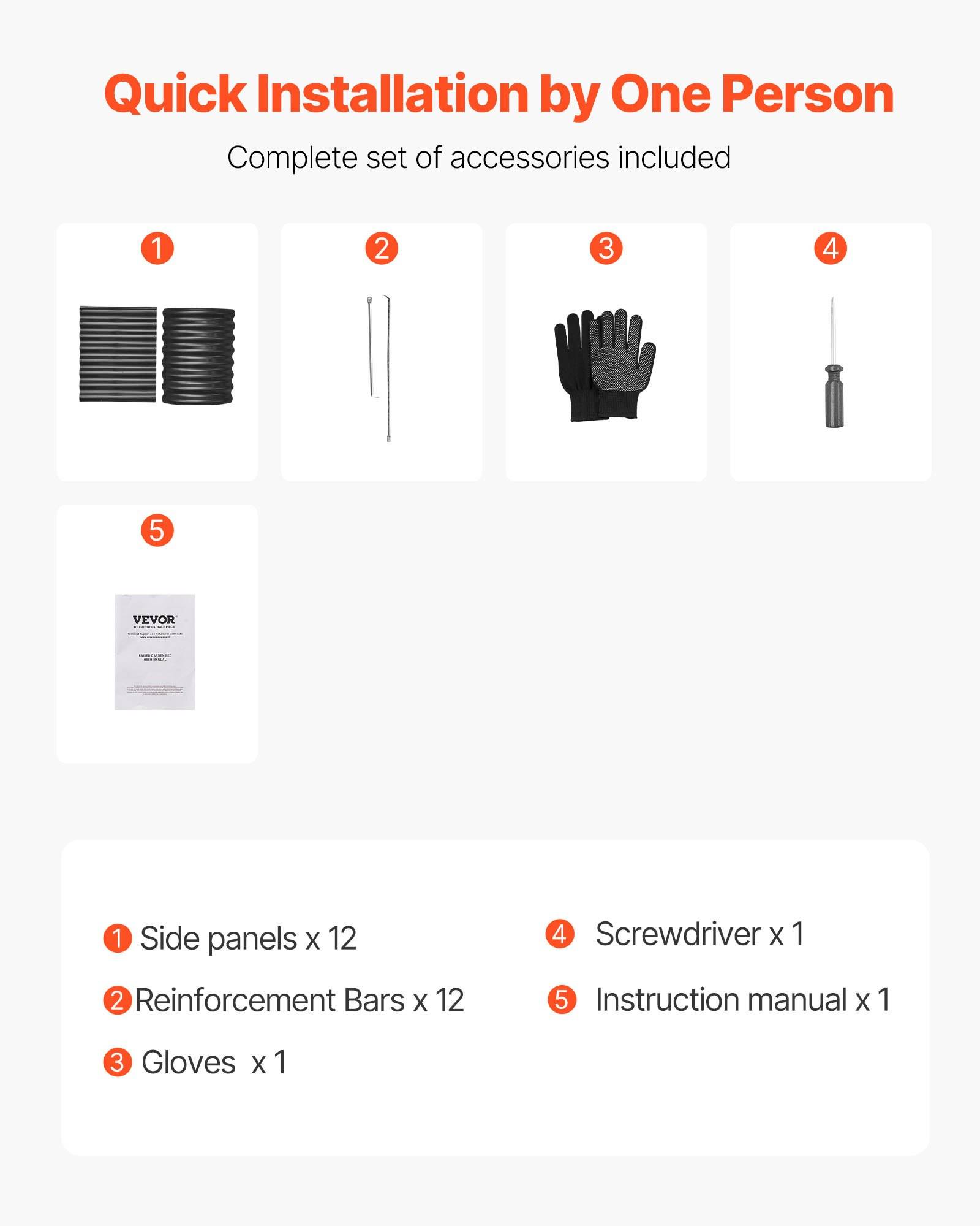 Schnelle Installation durch eine Person; Das Zubehörset enthält 12 Seitenpaneele, 12 Verstärkungsstangen, Handschuhe, Schraubendreher und Bedienungsanleitung im Lieferumfang enthalten.