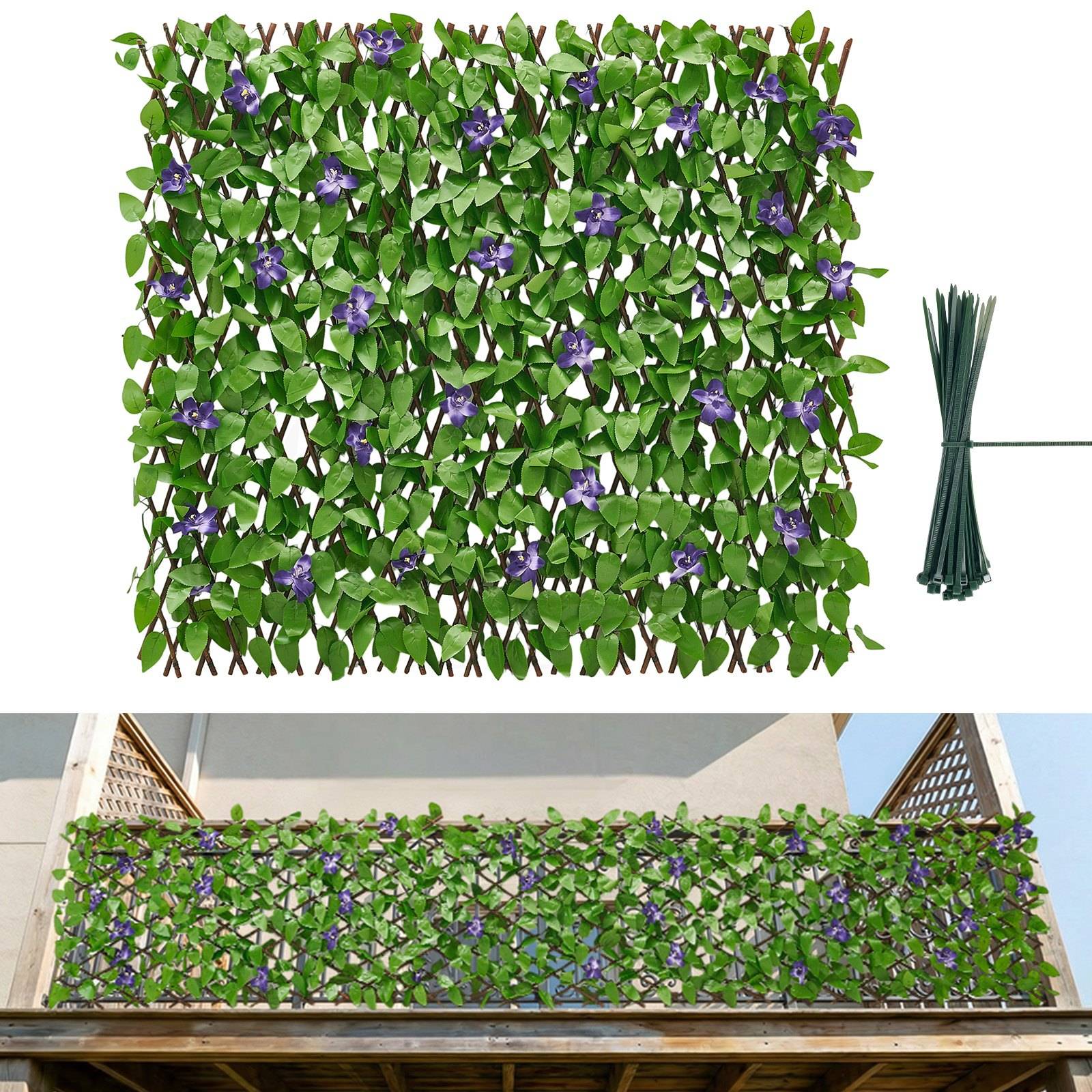 Künstliches Efeu-Sichtschutzzaun-Panel mit violetten Blüten und Kabelbindern, installiert auf einem Balkongeländer gezeigt.