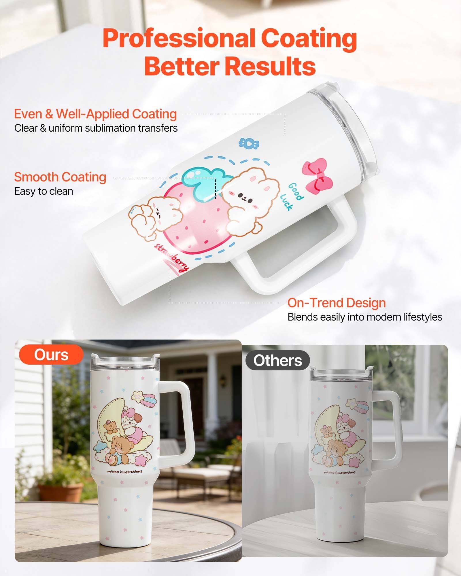 Werbegrafik, die ein Tumbler-Design mit „professioneller Beschichtung" mit „anderen"" vergleicht; hebt gleichmäßige, glatte Beschichtung und trendy Design mit dem Slogan „Bessere Ergebnisse"" hervor.