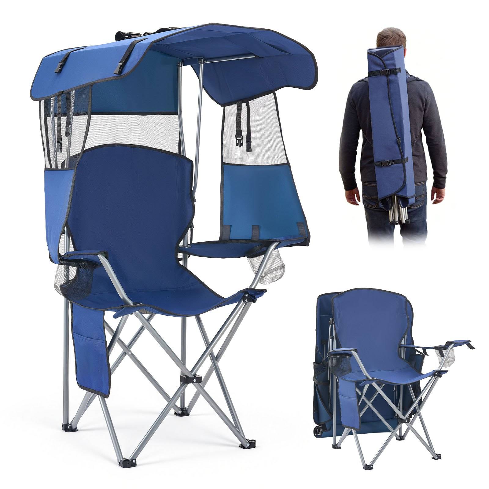 Blauer zusammenklappbarer Campingsessel mit Baldachin und Seitenschatten, gezeigt offen, zusammengeklappt und getragen in einer Rucksack-ähnlichen Tragetasche.