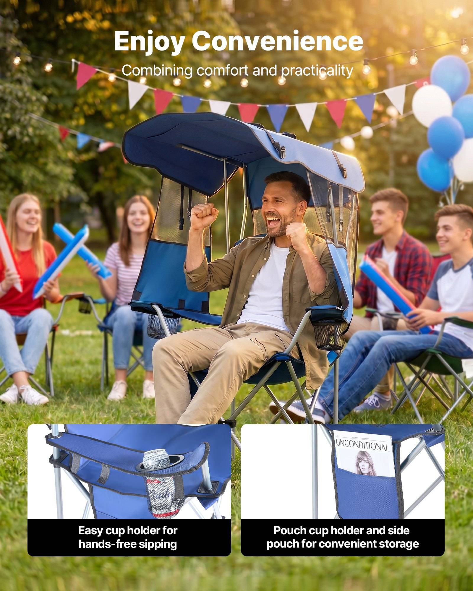 Outdoor-Campingstuhl mit Baldachin und Getränkehalter/Taschenfächern, wird bei einem fröhlichen Picknick verwendet; Text besagt 