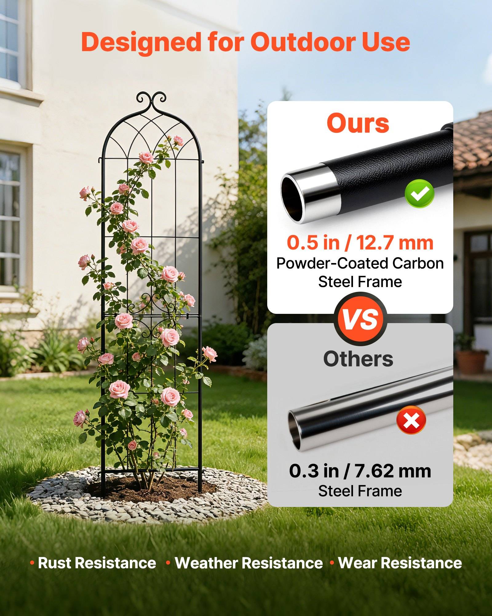 Outdoor-Rankhilfe aus dem Garten mit kletternden Rosen neben einem Vergleich, der 'Unsere' 0,5 Zoll/12,7 mm pulverbeschichtetes Kohlenstoffstahlgerüst gegenüber 'Andere' 0,3 Zoll/7,62 mm Stahlgerüst zeigt und Langlebigkeit sowie Widerstandsfähigkeit hervorhebt.