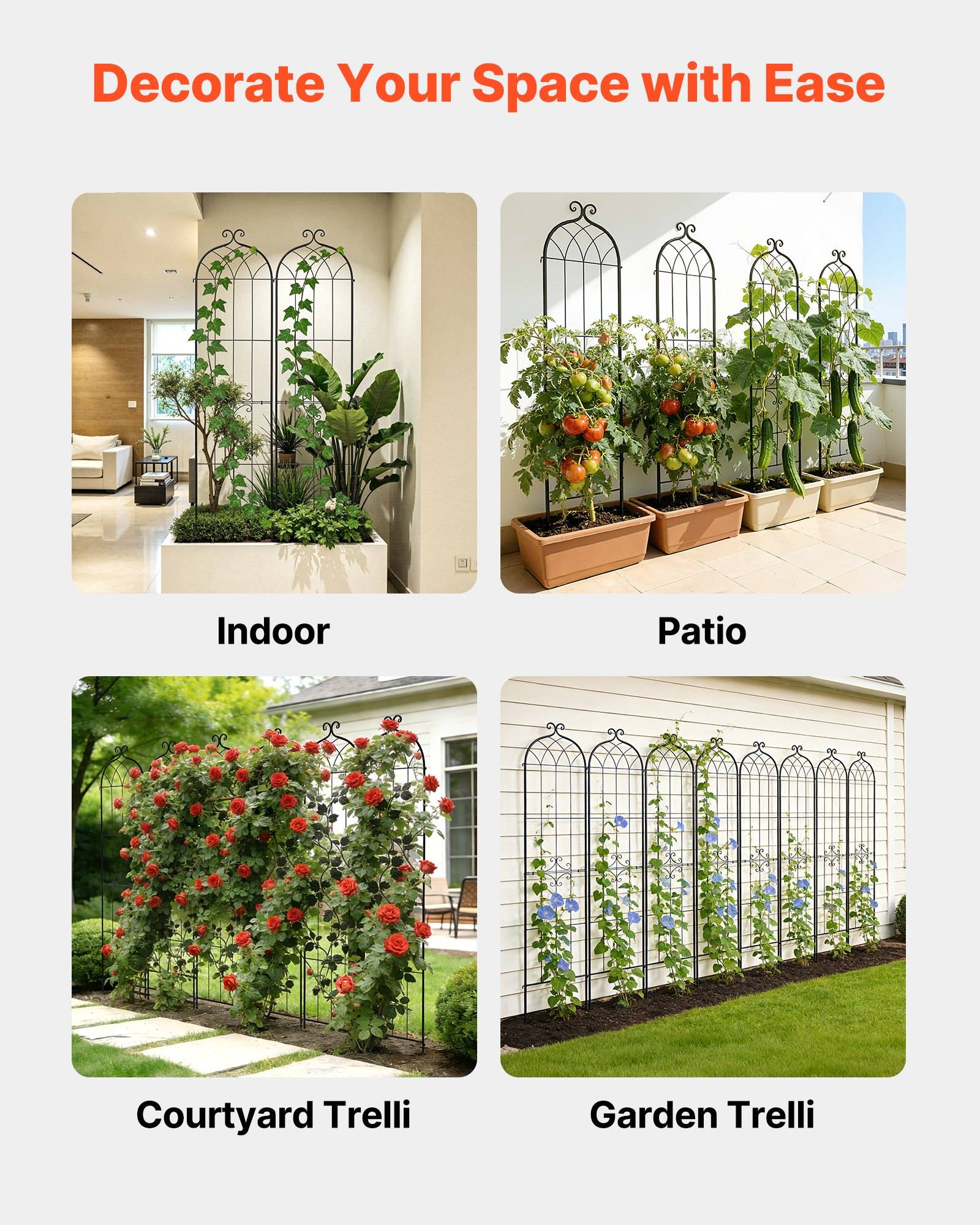 Infografik mit dem Titel „Dekorieren Sie Ihren Raum mit Leichtigkeit" mit vier Rankgitter-Setups mit den Bezeichnungen Indoor, Patio, Courtyard Trelli und Garden Trelli.