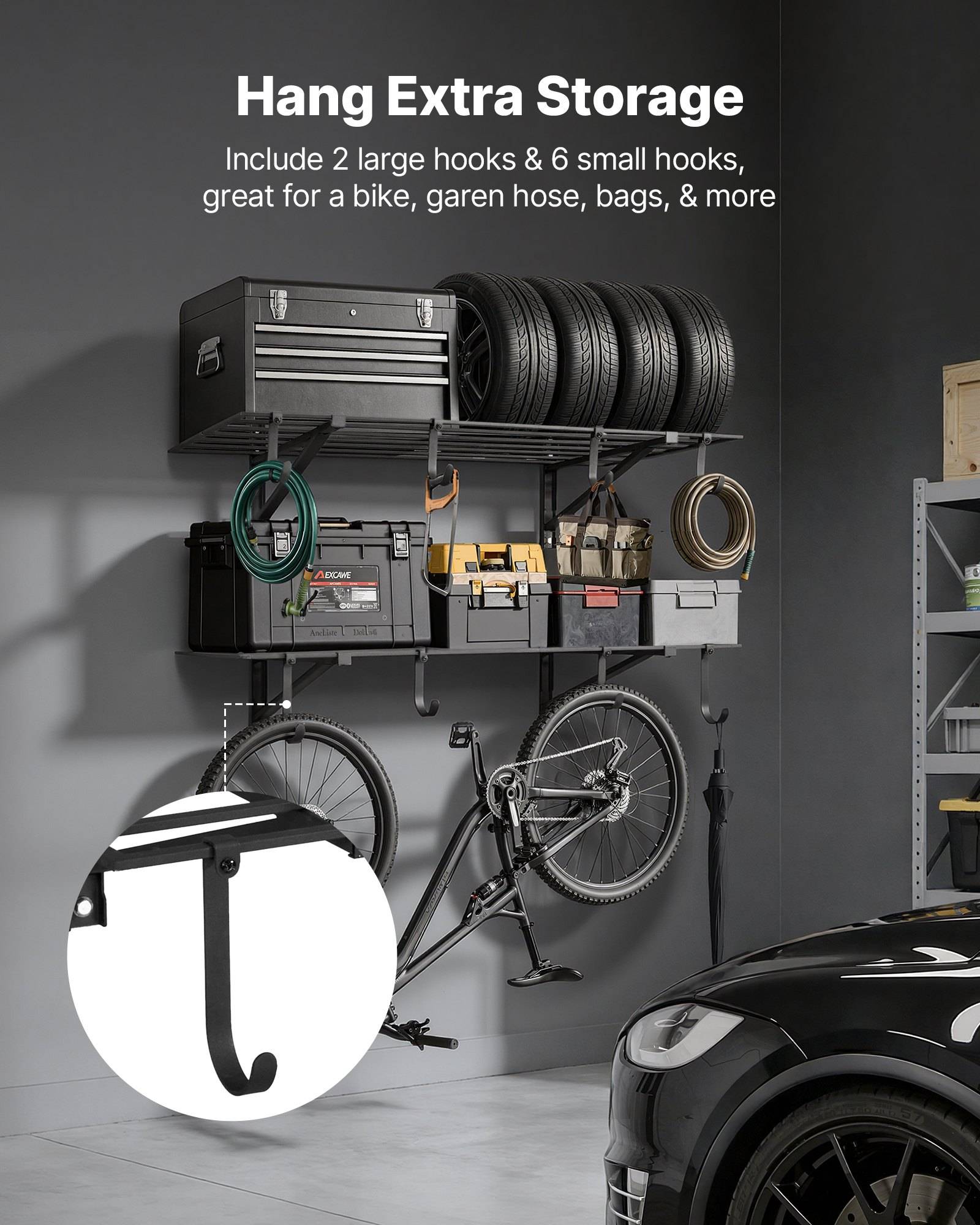 Garagenwand-Lagerregal mit Haken, die Behälter, Reifen, Kabel und ein Fahrrad halten; der Text sagt „Zusätzlichen Stauraum aufhängen" und vermerkt 2 große Haken und 6 kleine Haken.