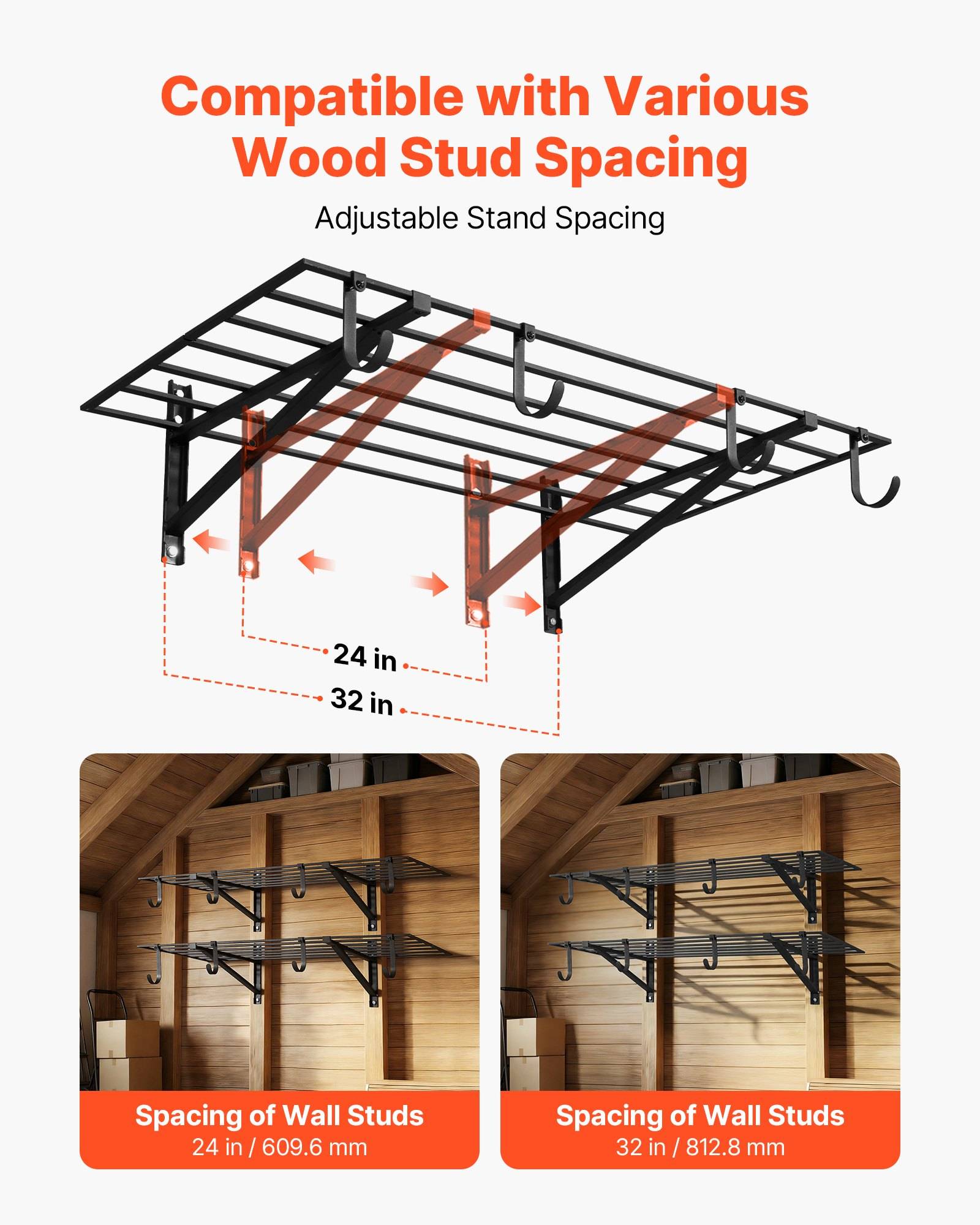 Wandmontiertes Garagen-Regalsystem mit einstellbarem Ständerabstand für 24-Zoll- oder 32-Zoll-Holzständerabstand, dargestellt mit Installationsbeispielen.