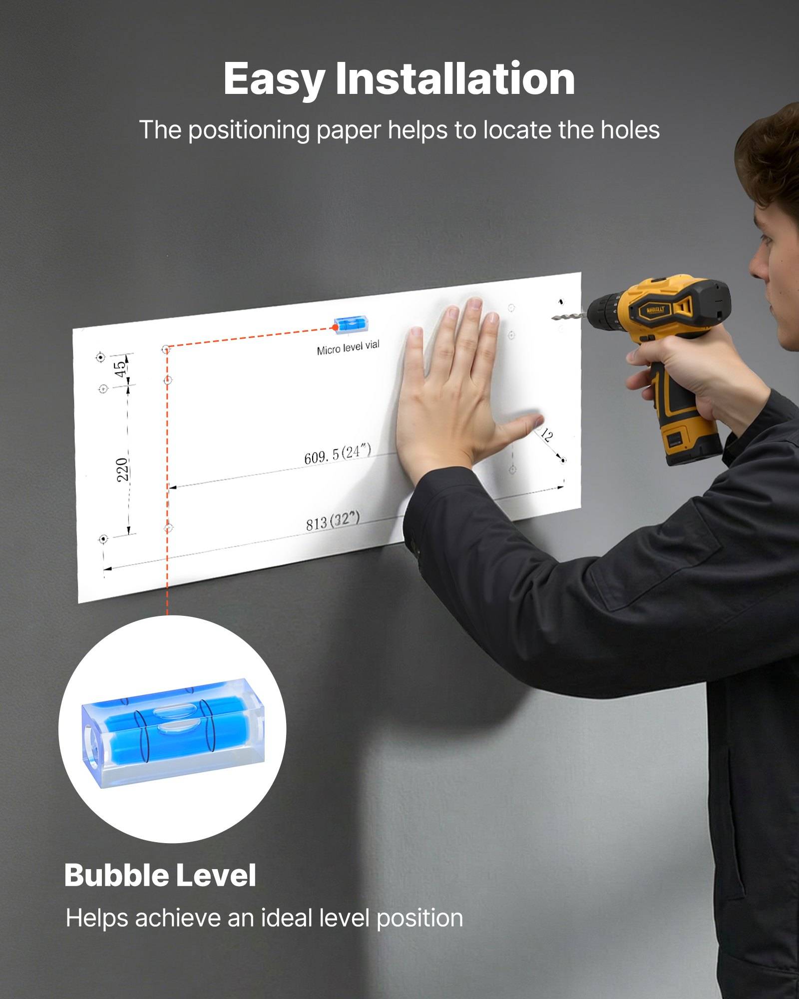 Eine Person bohrt Löcher mit einer Positionierungspapierschablone an einer Wand; der Text besagt "Einfache Installation"" und hebt eine Wasserwaage zur Ausrichtung hervor.