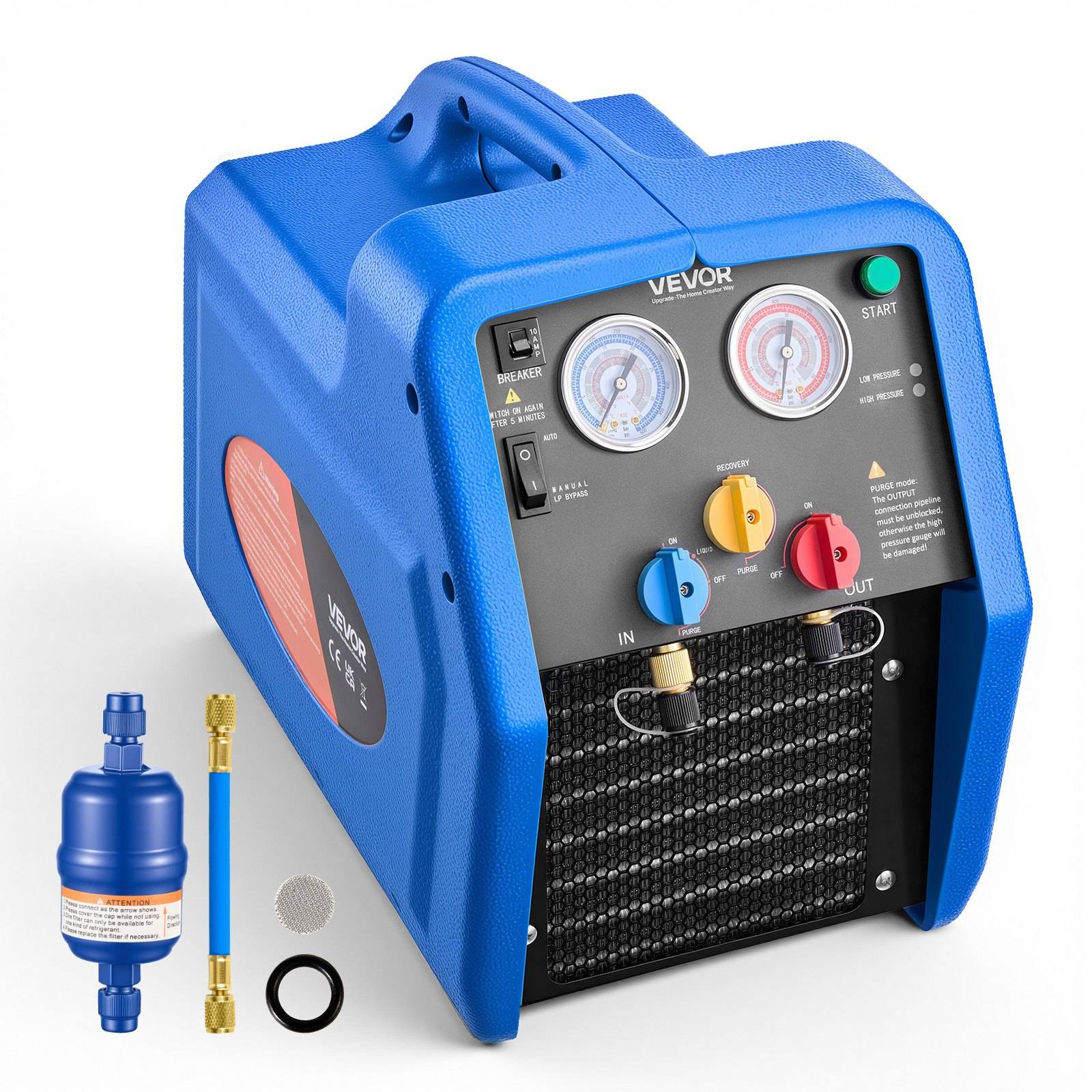 Blaue VEVOR-Kältemittelrückgewinnungsmaschine mit Manometern, Starttaste, EIN-/AUS-Ventilen und mitgelieferten Filter-/Trockenschlauch-Anschlüssen und O-Ring.