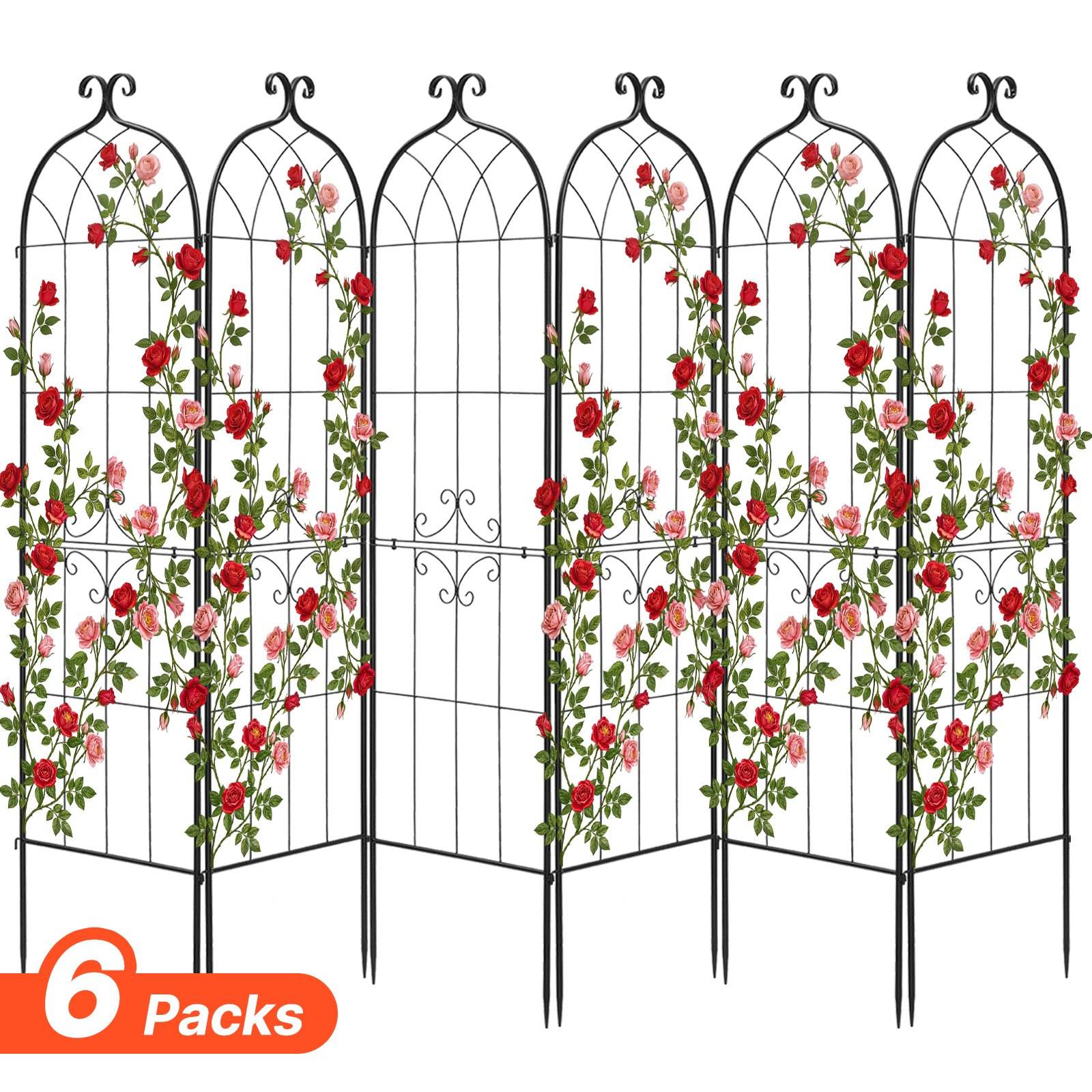 Sechser-Pack dekorative schwarze Metall-Gartengitter-Paneele mit gewölbten Oberteilen und Rosenranken-Design in Rot.