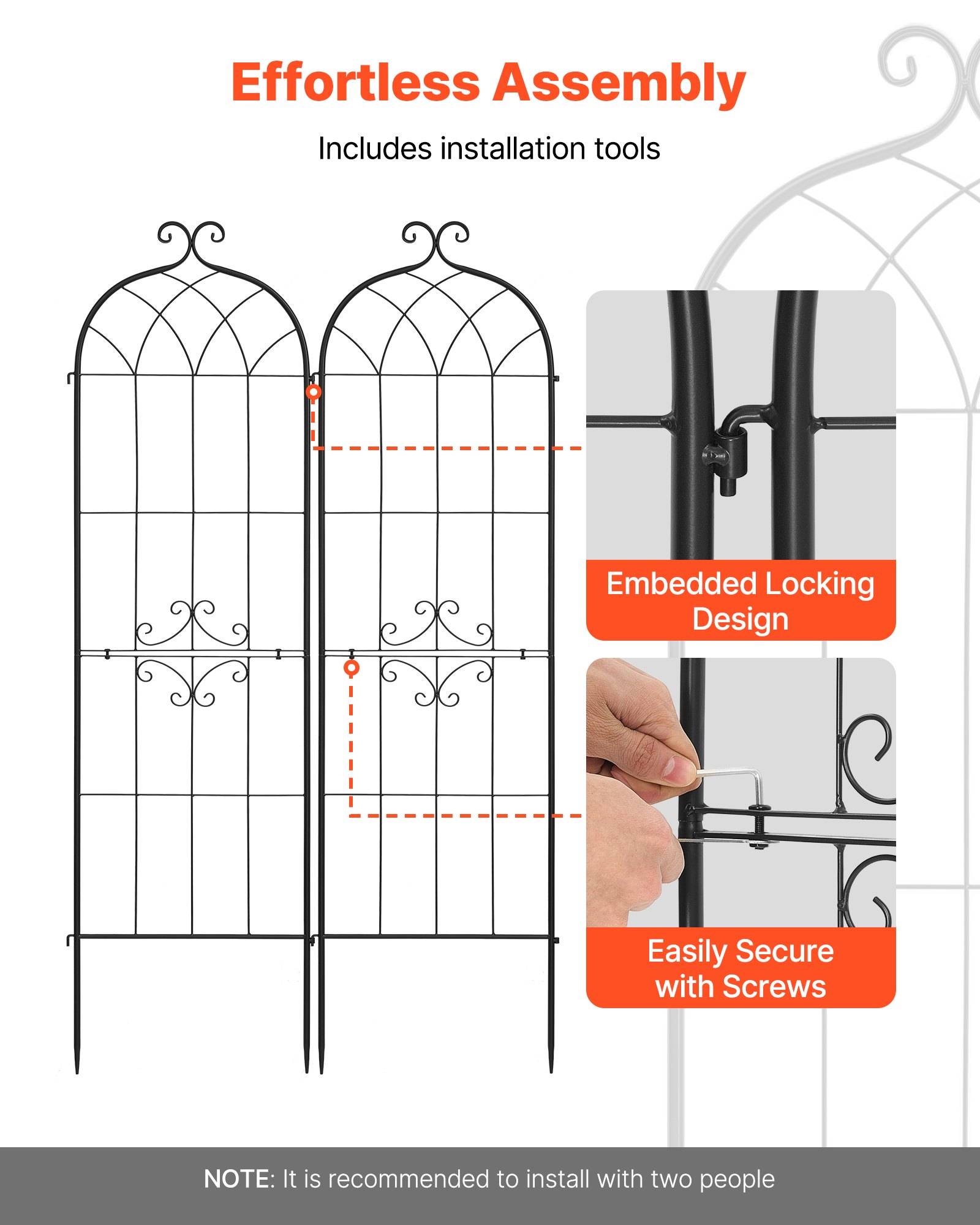 Instructionsgrafik zeigt ein Metallgartenbogentorwith 'Mühelos Zusammenbau', einschließlich Werkzeuge, eingebautes Verriegelungsdesign und schraubenbefestigte Verbindungen; Hinweis besagt Installation mit zwei Personen.