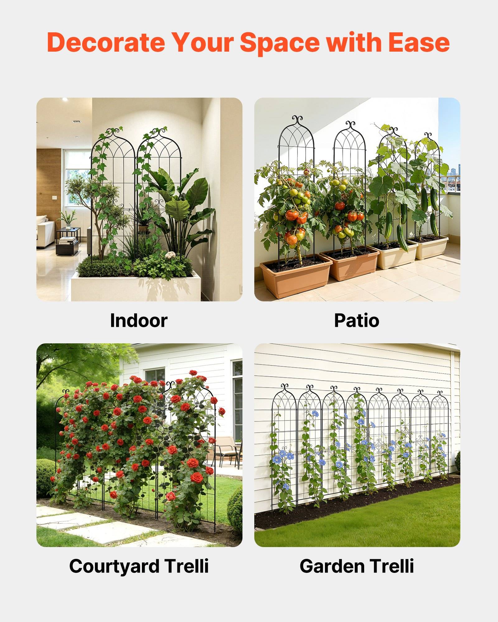 Werbekollage mit dem Titel „Dekorieren Sie Ihren Raum mit Leichtigkeit" mit vier Rankgitter-Einrichtungsideen, die als Innen, Terrasse, Innenhof-Rankgitter und Garten-Rankgitter bezeichnet sind, mit Pflanzen, die dekorative Metallrahmen hochklettern.