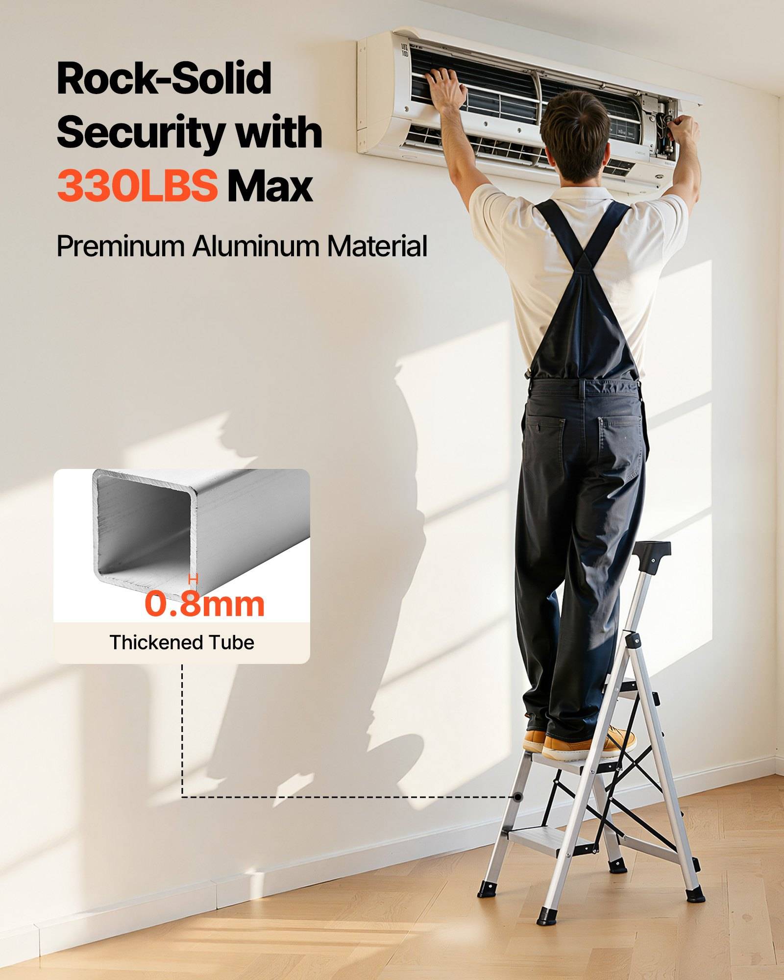 Person auf einer Stufenleiter, die eine wandmontierte Klimaanlage installiert, mit Text, der „Rock-Solid Security with 330LBS Max" und „0.8mm Thickened Tube"" für Premium-Aluminiummaterial bewirbt.