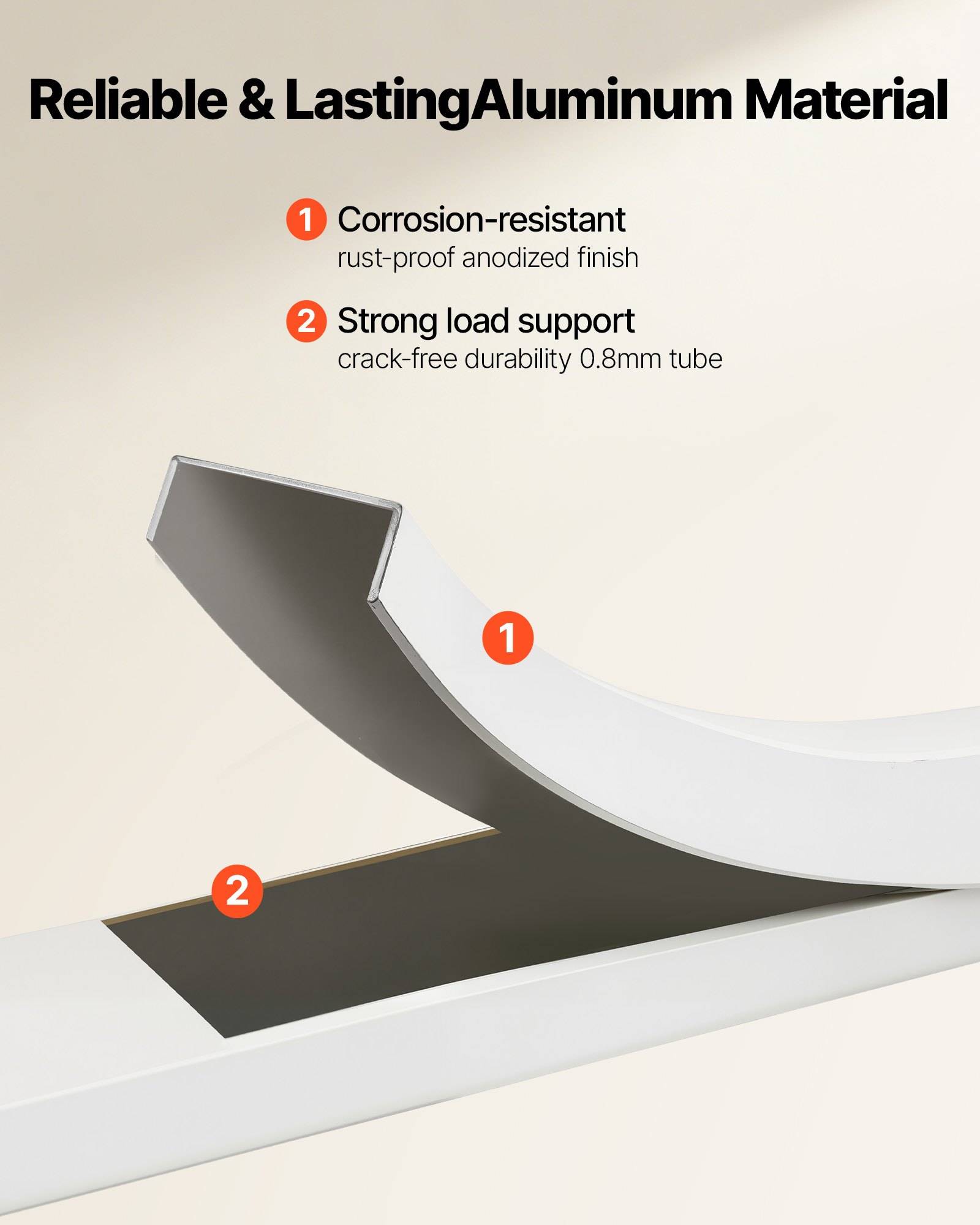 Werbegrafik eines gekrümmten Aluminiumteils mit der Aufschrift "Zuverlässiges und langlebiges Aluminiummaterial"", das die korrosionsbeständige eloxierte Oberfläche und die starke Lastunterstützung mit 0,8-mm-Rohr hervorhebt.