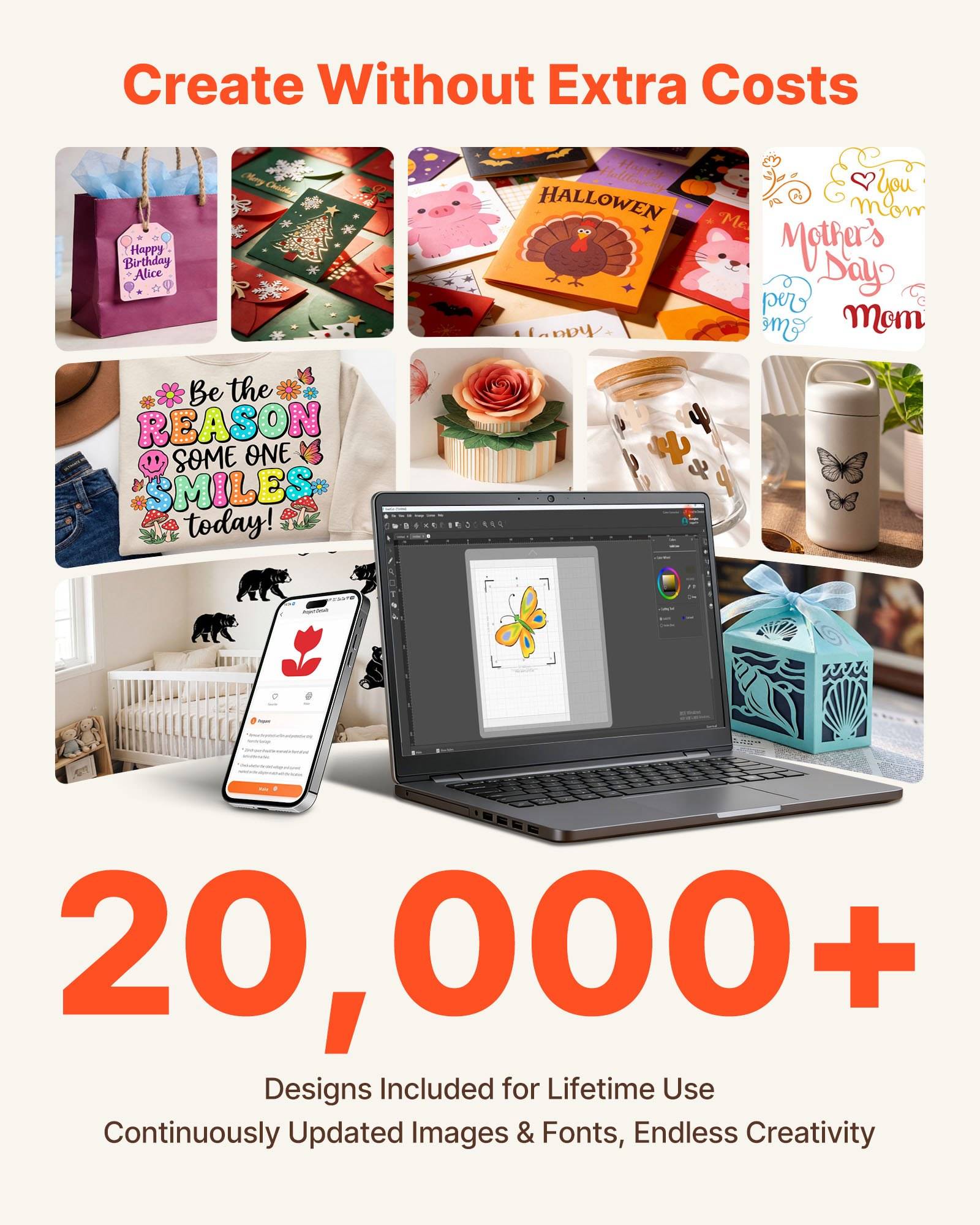 Werbekollage mit anpassbaren Handwerksprodukten und Designs auf Laptop und Telefon, mit dem Text „Erstellen ohne zusätzliche Kosten" und „20.000+ Designs inklusive für lebenslanges Nutzen"".