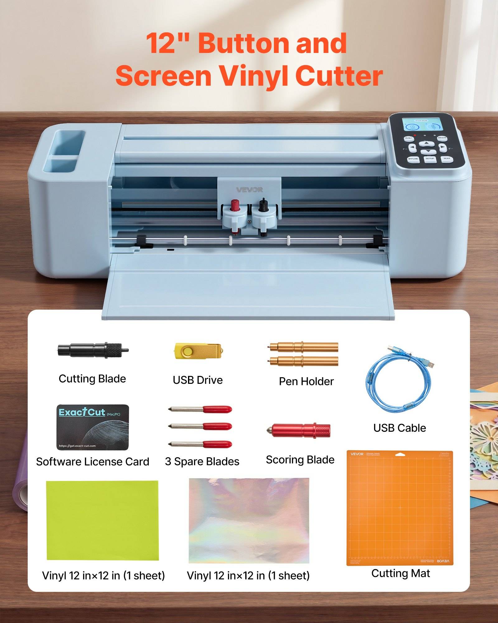 Produktbild eines 12-Zoll-Button- und Screen-Vinyl-Cutters mit enthaltenen Zubehörteilen: Schneideklinge, USB-Laufwerk, Stifthalter, USB-Kabel, Softwarekarte, Ersatzklingen, Scoring-Klinge und Schneidematte.