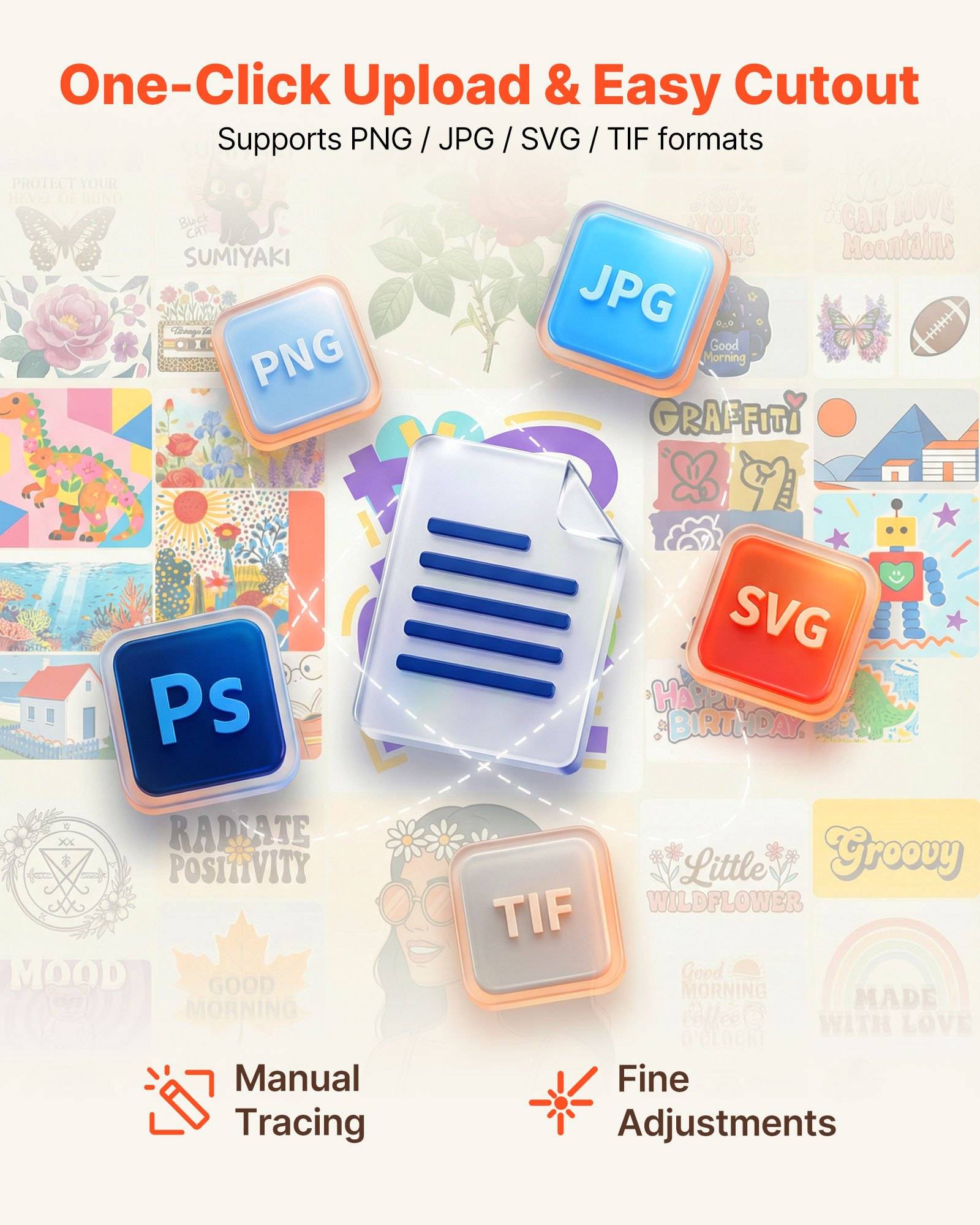 Werbegrafik für Upload und Ausschnitt von Bildern mit einem Klick, unterstützt PNG-, JPG-, SVG- und TIF-Formate, mit Symbolen für manuelles Nachzeichnen und Feinabstimmungen.