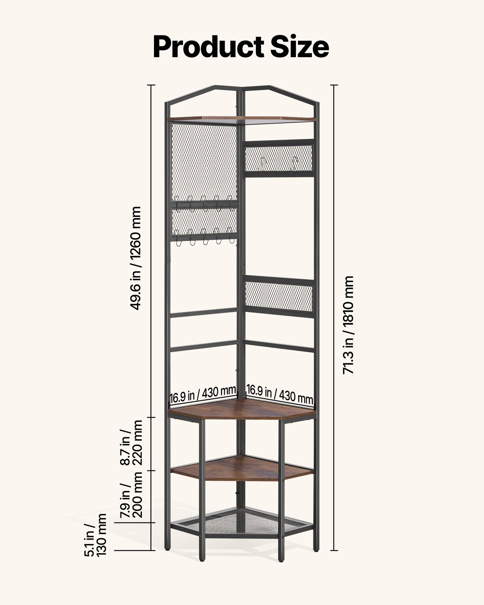 Produktgrößendiagramm einer L-förmigen Eckregaleinheit, das die Höhe von 71,3 Zoll (1810 mm), den unteren Abschnitt von 49,6 Zoll (1260 mm) und die Regalbreiten von 16,9 Zoll (430 mm) zeigt.