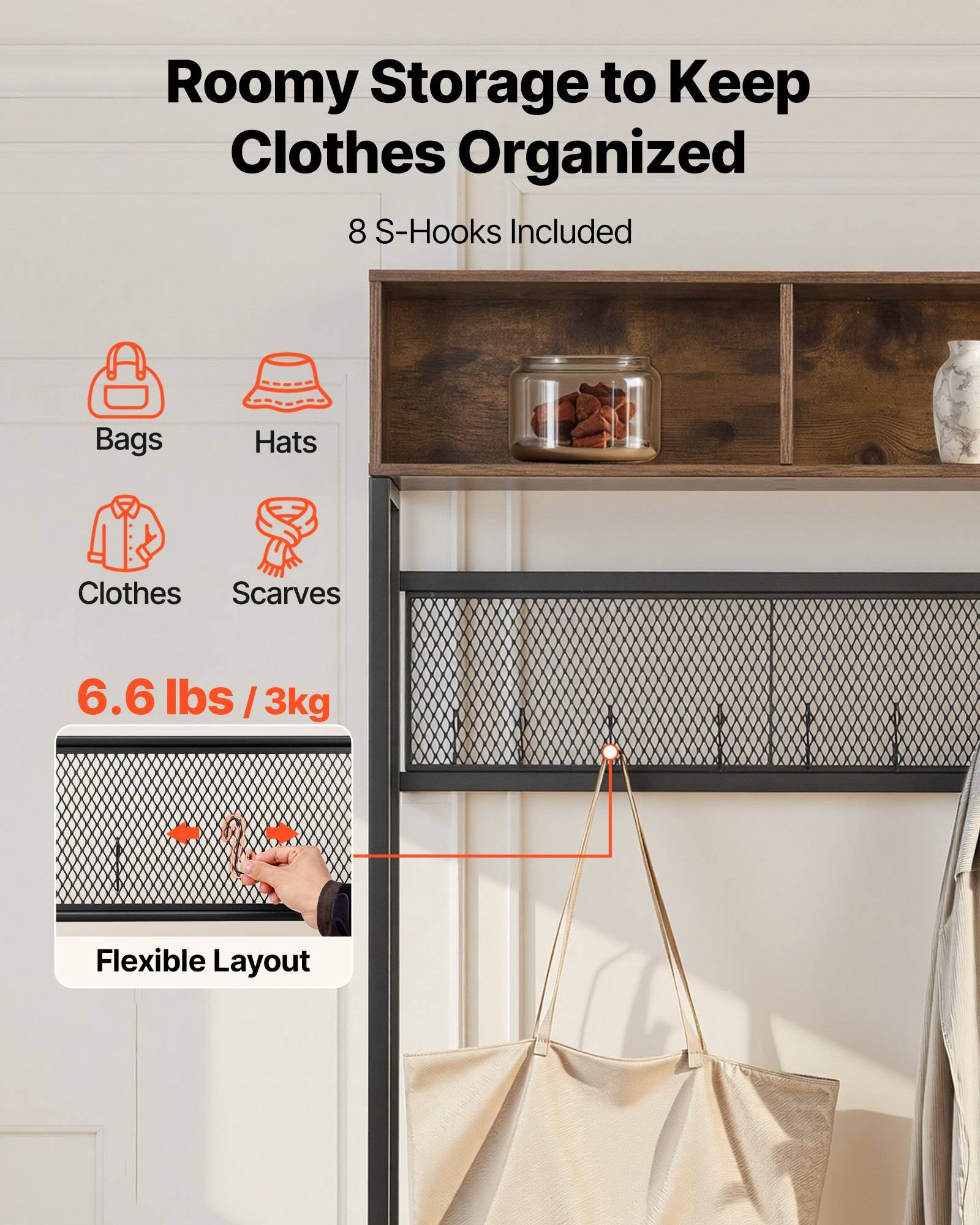Garderobenschrank-Organizer mit Netzregal und Haken; der Text hebt den geräumigen Stauraum für Kleidung, Taschen, Hüte und Schals hervor, mit einer Kapazität von 6,6 lbs/3 kg und 8 S-Haken im Lieferumfang enthalten.