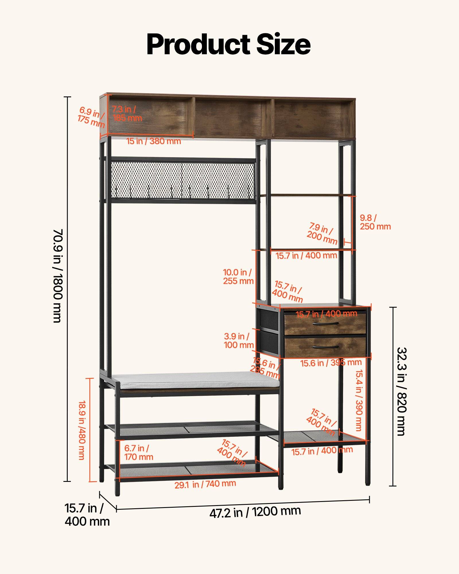 Größendiagramm eines Metalllagerschranks mit Schreibtisch und Schubladen, beschriftet mit Gesamtabmessungen von 70,9 x 47,2 x 15,7 Zoll und Komponentenmessungen.