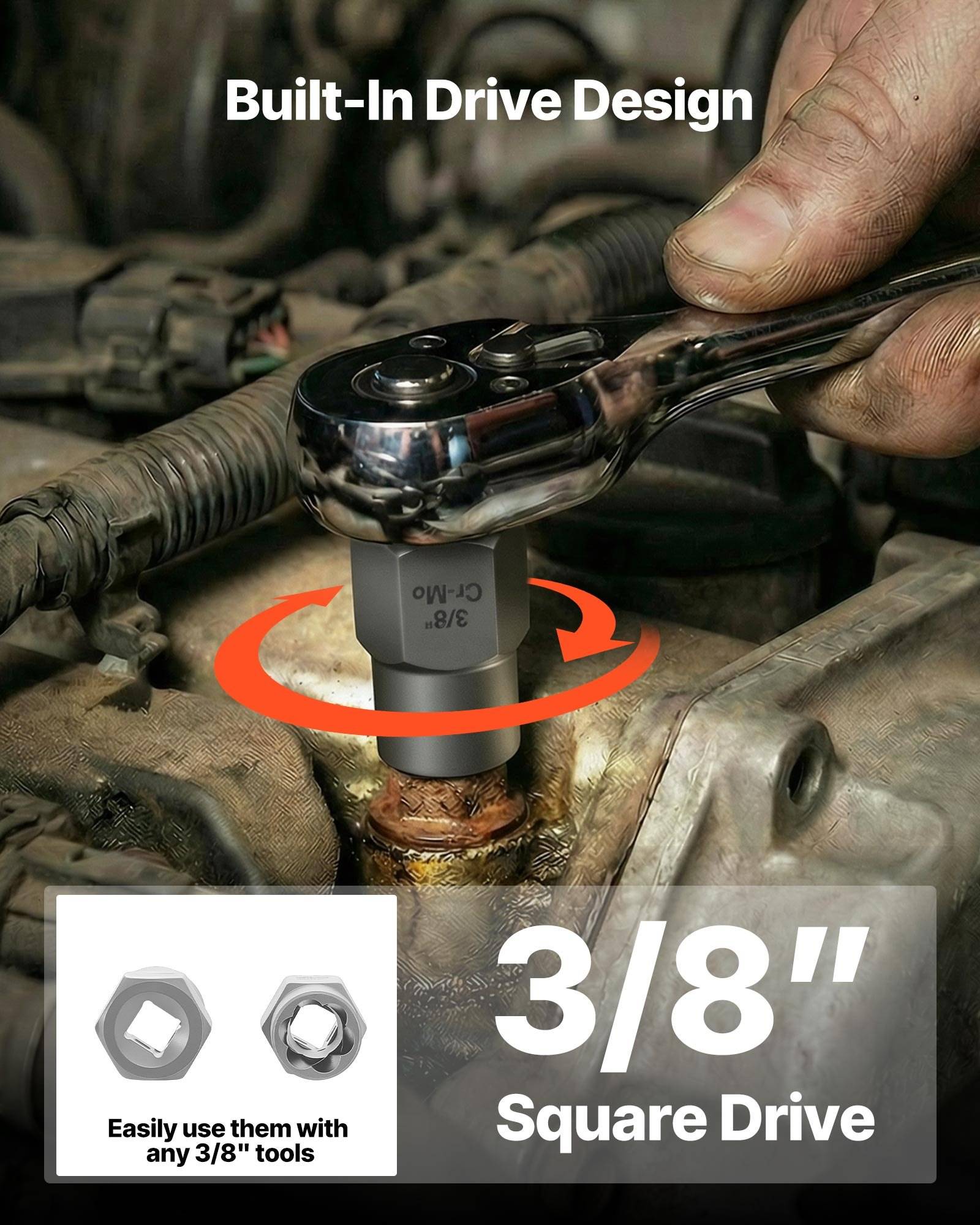 Hand mit Ratsche an einer Schraube in einem Motorraum, gekennzeichnet mit „Built-In Drive Design" und „3/8"" Vierkantantrieb"", mit dem Hinweis „Einfach mit allen 3/8""-Werkzeugen verwendbar"