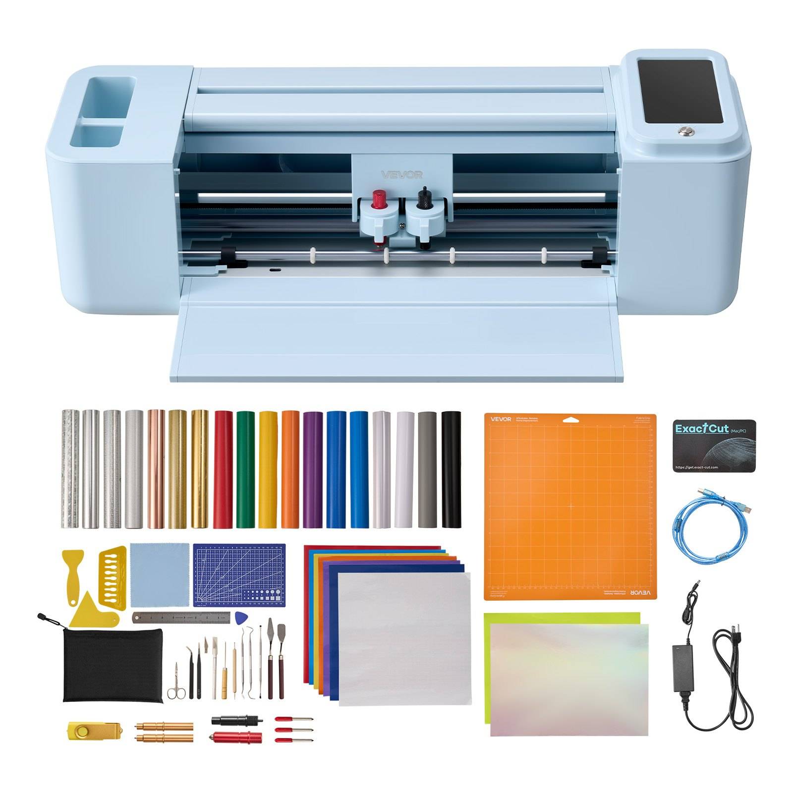 Desktop-Schneidemaschine mit Klingen, Schneidematten, Vinyl-Rollen, Werkzeugen, Kabel und Netzteil als enthaltenes Zubehör angezeigt.