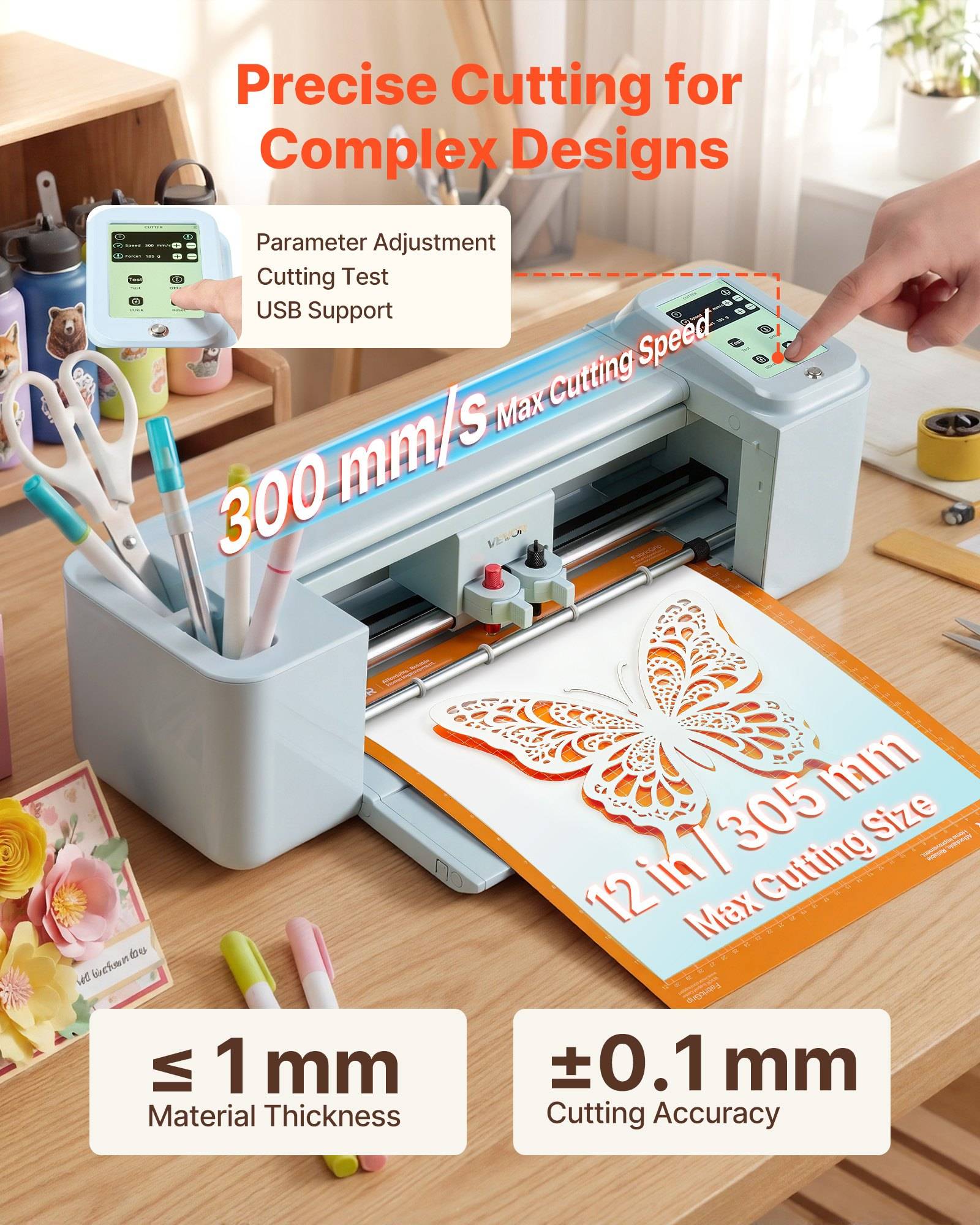 Tischschneidemaschine, die für präzise komplexe Designs beworben wird, mit 300 mm/s maximaler Geschwindigkeit, Parametereinstellung, USB-Unterstützung, ≤1 mm Materialdicke und ±0,1 mm Schnittgenauigkeit.