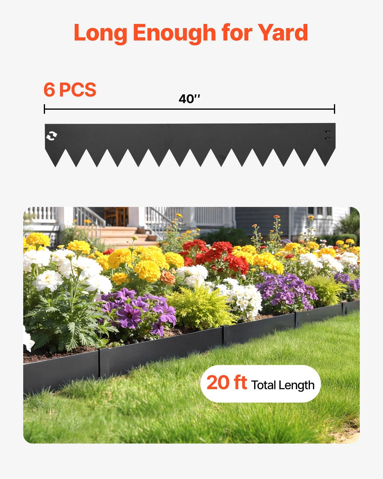 Produktgrafik zeigt 6 Kantenstücke, jeweils 40 Zoll lang, mit einer Gesamtlänge von 20 Fuß, illustriert in einer Gartenbordüreninstallation.